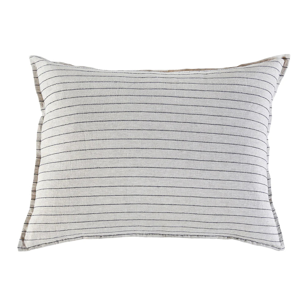 Part of POM POM's Blake Big Pillow Collection, this 28x36 rectangular pillow showcases interwoven stripes with slender black lines set against a light grey background. The edges are slightly tapered for a neat, tailored appearance.