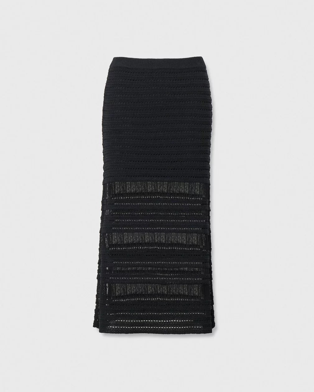 The Rag & Bone britt maxi skirt in black cotton blend features a fitted silhouette, semi-sheer horizontal panels, and a slight flare at the hem—summer-ready and shown against a plain light background.