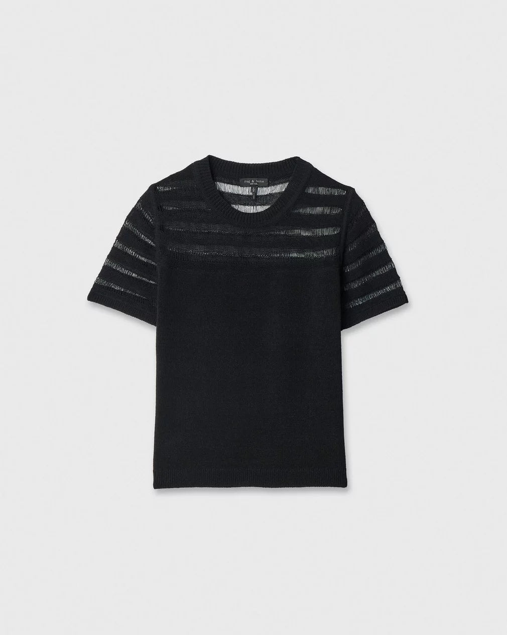 The Rag & Bone britt ss crew is a black short-sleeve sweater with sheer horizontal stripes on the upper chest and sleeves, shown on a plain light gray background. This lightweight style is perfect for effortless summer looks.
