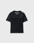 The Rag & Bone britt ss crew is a black short-sleeve sweater with sheer horizontal stripes on the upper chest and sleeves, shown on a plain light gray background. This lightweight style is perfect for effortless summer looks.