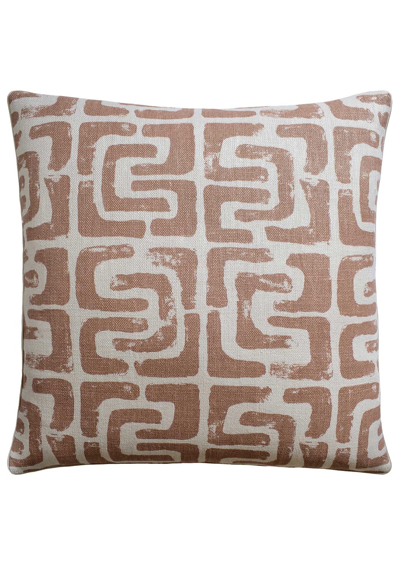 Decorative pillow featuring a geometric pattern in shades of taupe and off-white. The design is abstract with interconnected shapes on a rectangular cushion, perfect for any Scottsdale bungalow. Introducing the Oui Mesa 22x22" by Ryan Studio.