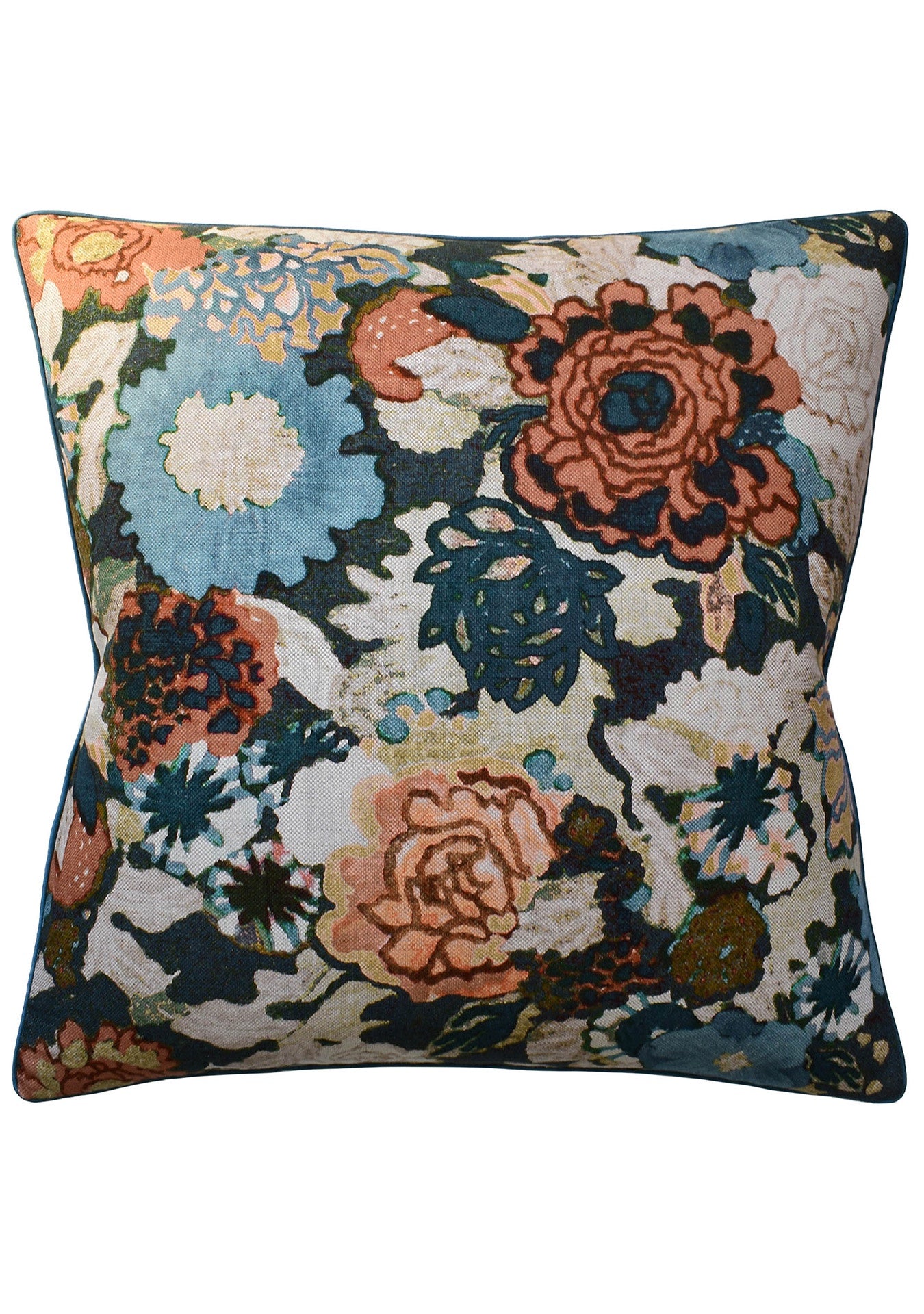 Introducing the Sea Spice Pillow 22 x 22 by Ryan Studio, a decorative throw pillow adorned with a vibrant abstract floral pattern. The design showcases large flowers in shades of orange, teal, and deep blue with green leaves against an off-white background. Made from cotton linen, this square-shaped pillow features a textured appearance and a concealed zipper closure for added elegance.