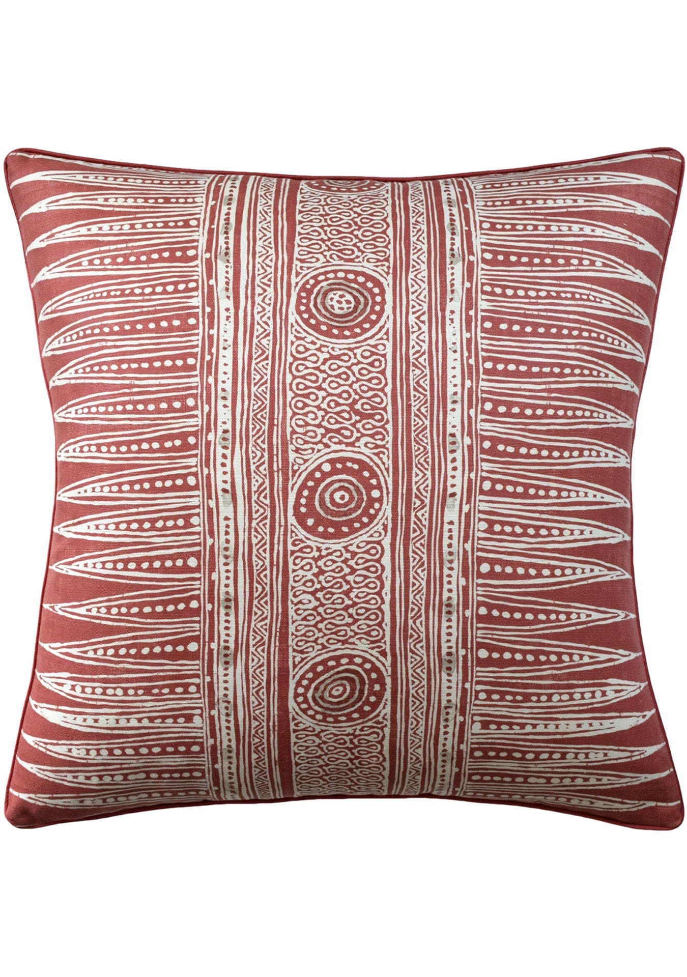 A decorative pillow with intricate, symmetrical red and white patterns, including circles and linear designs, on a bungalow-style fabric textured background from Indian Zag by Ryan Studio.