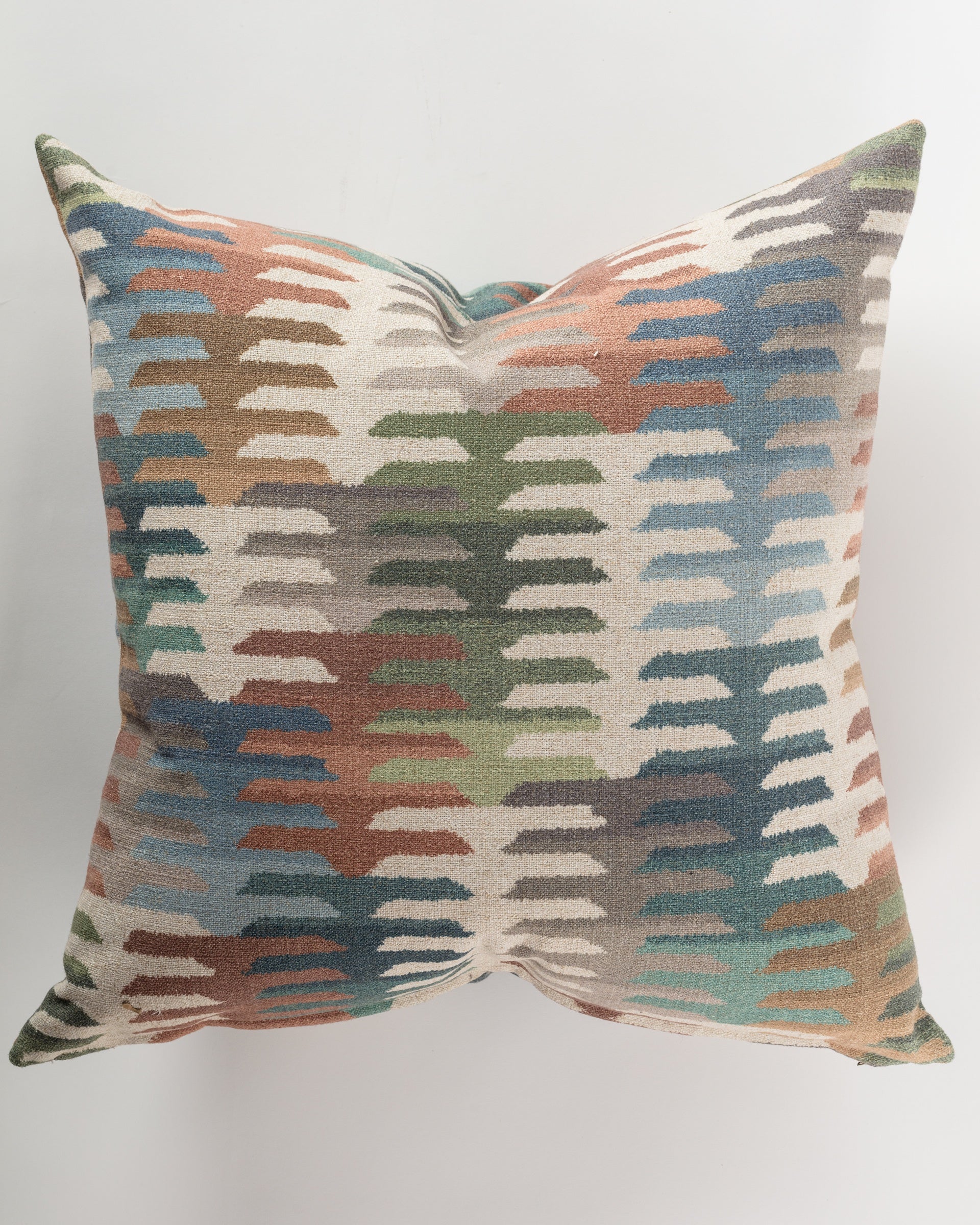 The Gabby Anchors Autumn 26x26 euro pillow boasts a luxurious multicolored abstract pattern, showcasing horizontal brushstroke shapes in blue, green, brown, and cream on a light backdrop. Perfect for a 26x26 insert, it elegantly enhances any space.