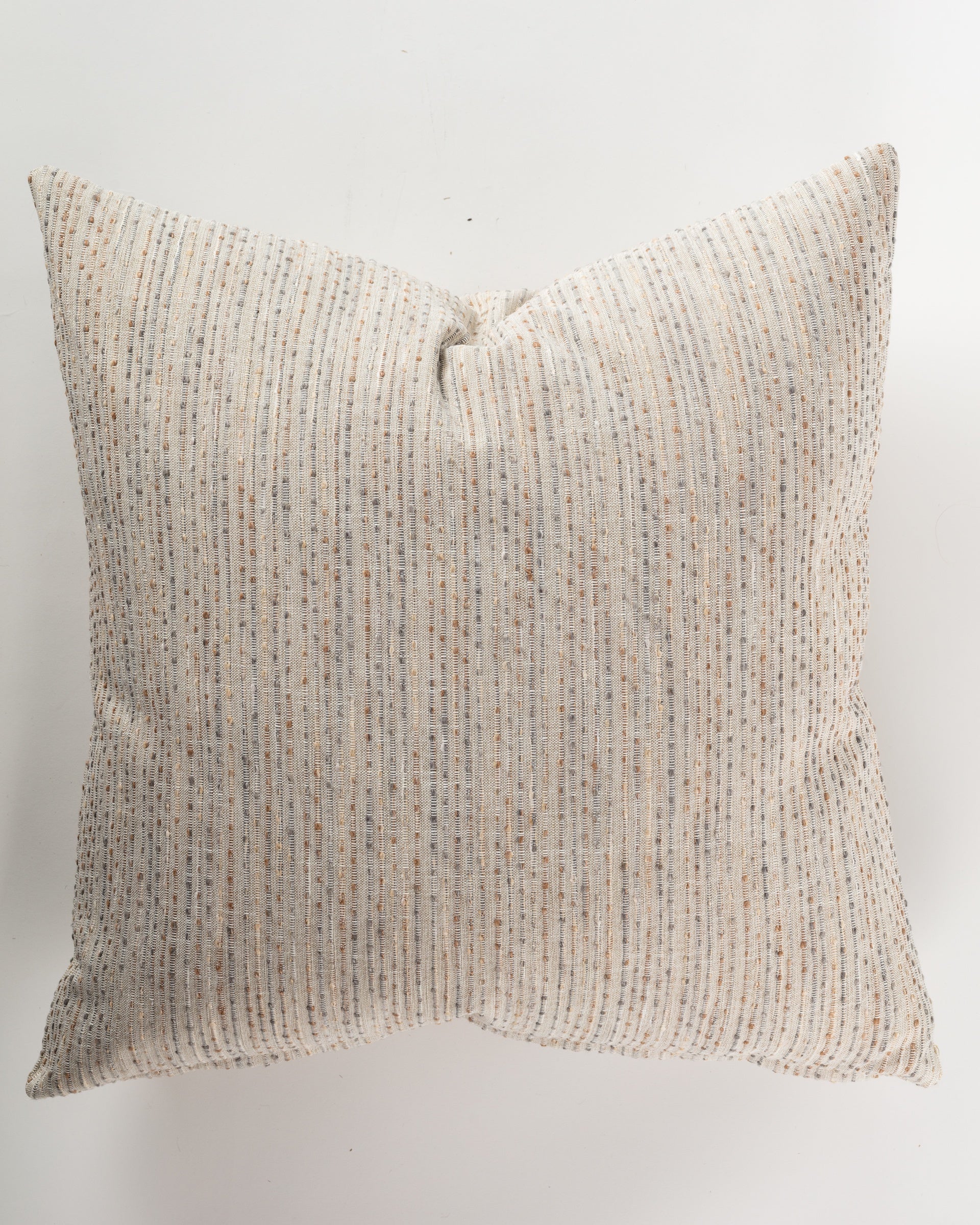 The Elise Twilight Pillow 26x26 from Gabby, featuring textured fabric with vertical stripes in neutral tones of beige, gray, and brown, is set against a plain white background. This euro pillow has a soft, plush appearance that exudes a luxurious touch.