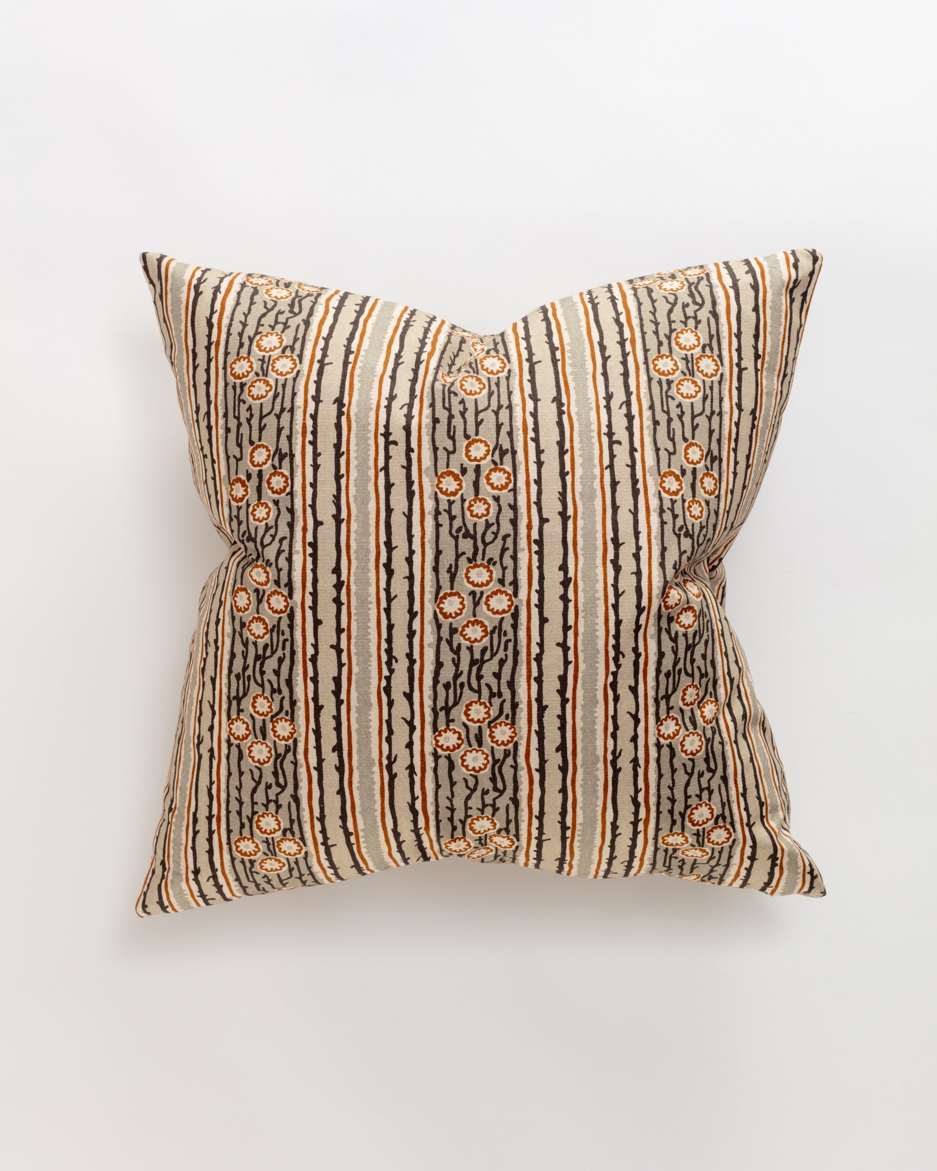 The Norwalk Leo Pillow is a luxurious euro cushion, sized at 26x26", featuring vertical stripes and floral patterns in vibrant orange and black on a soothing beige background. It includes a pillow insert for effortless comfort.