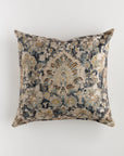 The Custom 3 Pillow 28x28 by Pindler is a square decorative pillow featuring an intricate pattern with floral and geometric designs in shades of blue, beige, and brown. Ideal for layering on your bed or sofa, this ultra-luxurious euro pillow boasts textured fabric and an antique, vintage aesthetic against a plain white background.