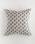 A luxurious Pindler Custom 1 Pillow 28x28, featuring a beige background adorned with a repeating pattern of blue floral designs, complete with a plush pillow insert, is showcased against a plain white backdrop.