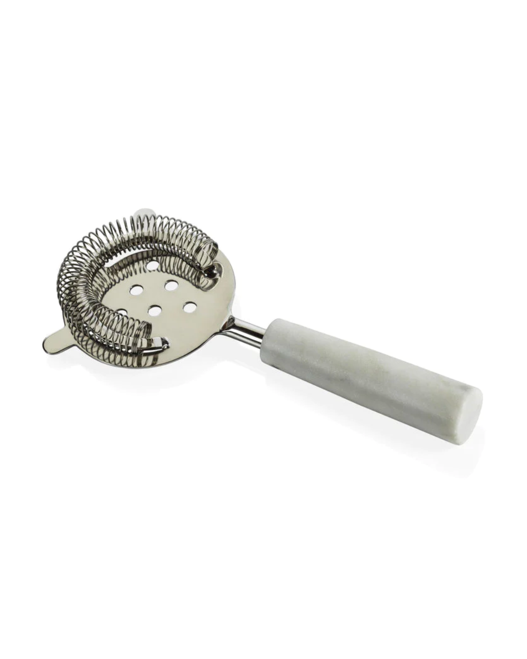 This Zodax Marble Cocktail Strainer, with a coiled spring edge and several holes for filtering, adds an upscale flair to your home bar accessory collection. The prong on one side allows it to rest neatly on a shaker or glass, while the cylindrical marble handle provides a sturdy grip.