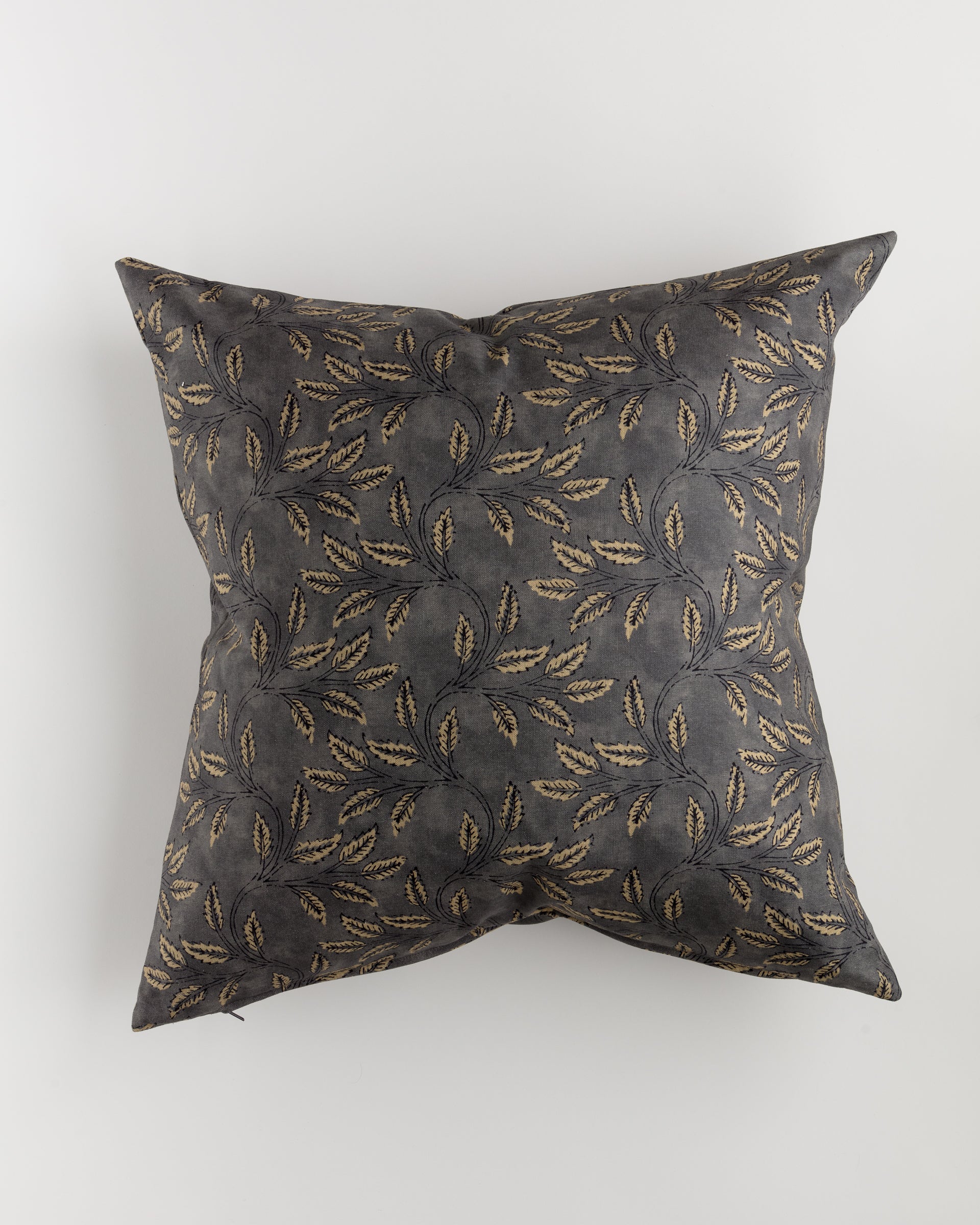 The Custom 2 Pillow 28x28 by Pindler is a square decorative pillow showcasing dark gray fabric with an intricate pattern of embroidered gold and brown leaves, exuding ultra-luxurious euro pillow style. Set against a plain white background, this exquisite pillow comes with an extra-comfort pillow insert included.