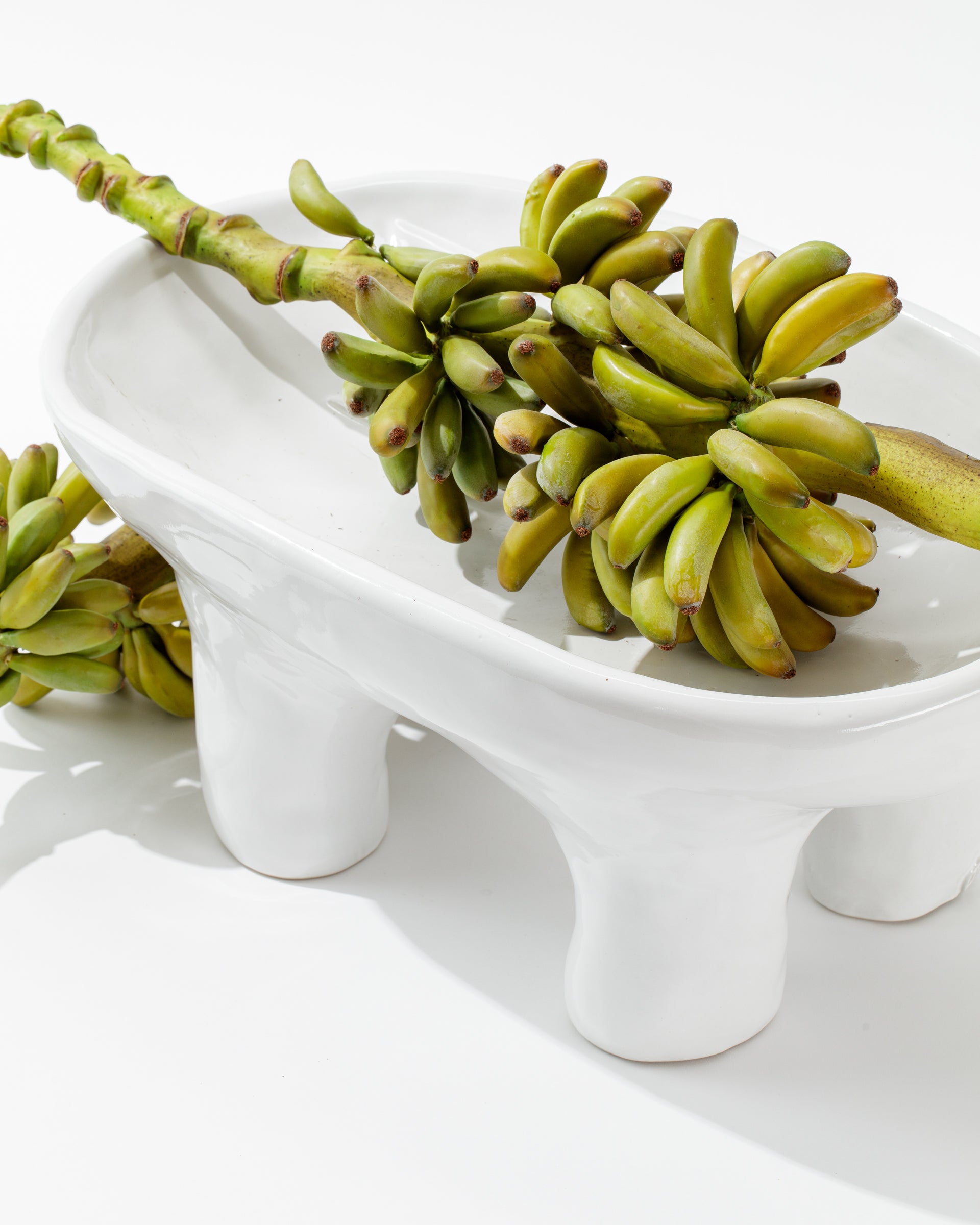 A bunch of unripe, green bananas rests on a modern Montes Doggett 4846 Bowl No.846, a handmade ceramic piece with three legs, set against a clean white background. Another smaller banana bunch extends out of the bowl, enhancing the minimalist aesthetic of the composition. This high-fired ceramic bowl was meticulously crafted in Peru.