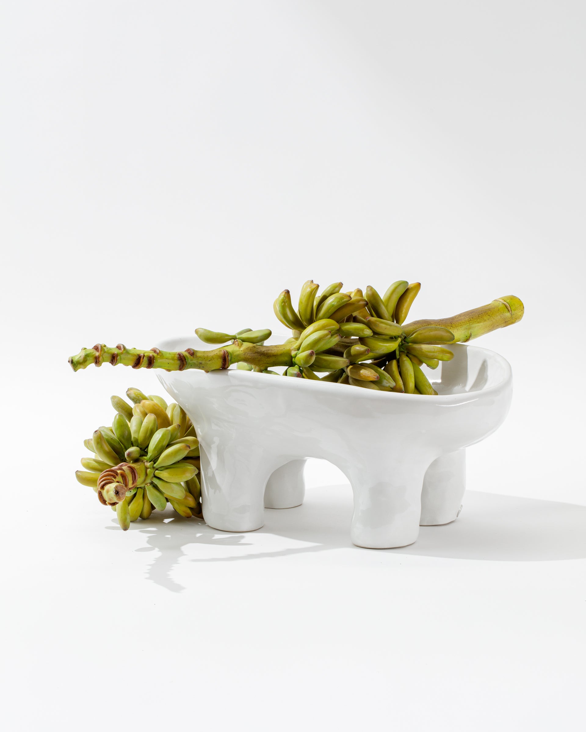 Montes Doggett&#39;s 4846 Bowl No.846, a white high-fired ceramic dish with a unique four-legged stand, elegantly holds a bunch of green bananas. Crafted in Peru, the bowl and fruit create a striking contrast against the plain white background, achieving a minimalistic and modern aesthetic.