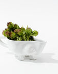 The Montes Doggett Gravy Boat No. 151, a whimsical, white high-fired ceramic container with short legs and a handle, is filled with green chive blossoms. Handmade in Peru, the container casts a soft shadow on the clean, white background.