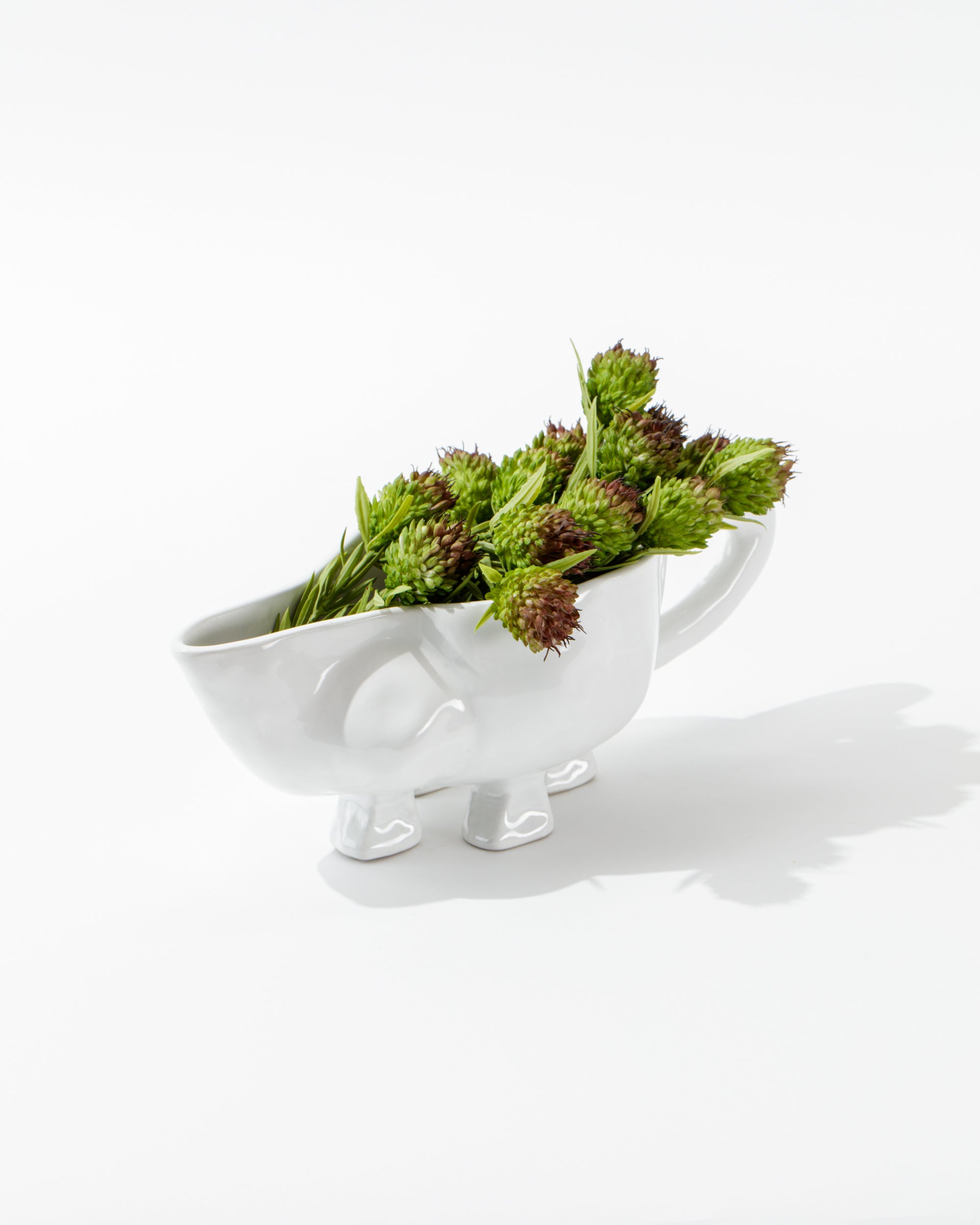 A whimsical, handmade Gravy Boat No. 151 by Montes Doggett stands on its legs, filled with spiky green and burgundy flowers. This high-fired ceramic piece from Peru casts a soft shadow on the clean, white surface.