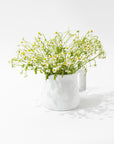 A white handmade ceramic Pitcher No. 750 by Montes Doggett, crafted in Peru, filled with a bouquet of delicate white and yellow flowers. The flowers have slender green stems and small daisy-like blooms, creating a simple yet elegant arrangement against a white background.