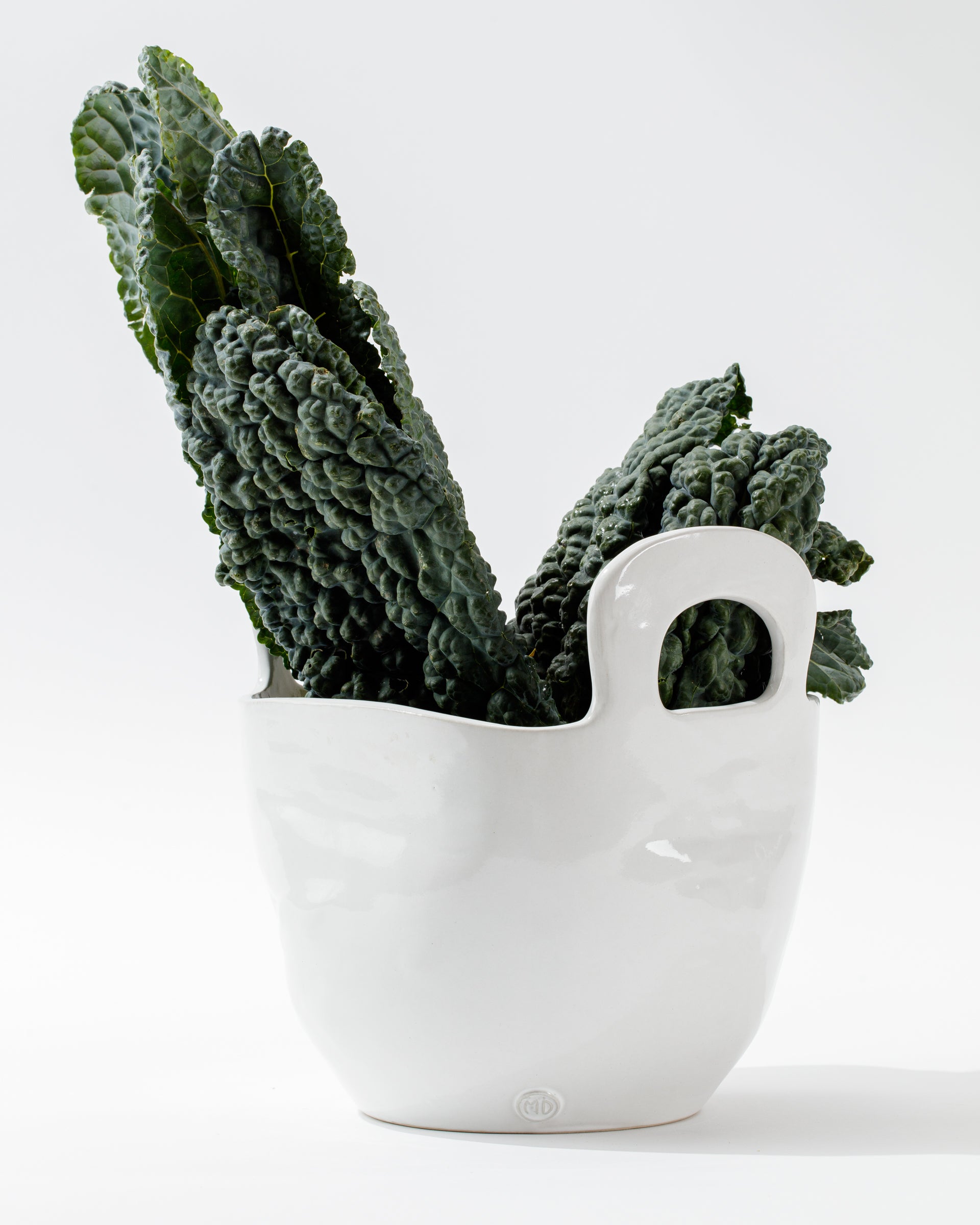 A stunning piece named the 4994 Bowl no. 994 from Montes Doggett, handmade in Peru, contains a bunch of dark green, textured kale leaves. The minimalist white background enhances the vibrant leafy greens and the glossy finish of this sculptural statement piece.