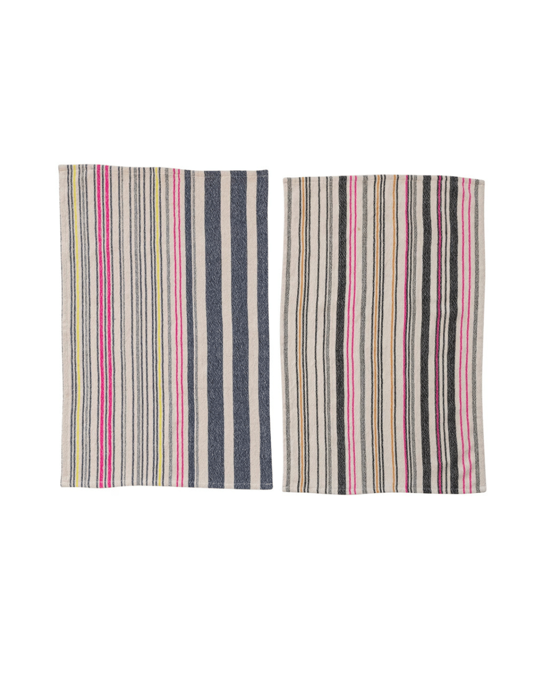 Creative Co-op's Woven Cotton Tea Towel features a pair of rectangular towels with varying vertical stripes in blue, pink, and beige. Each towel presents a unique mix of bold and thin patterns, highlighting exquisite kitchen textiles.