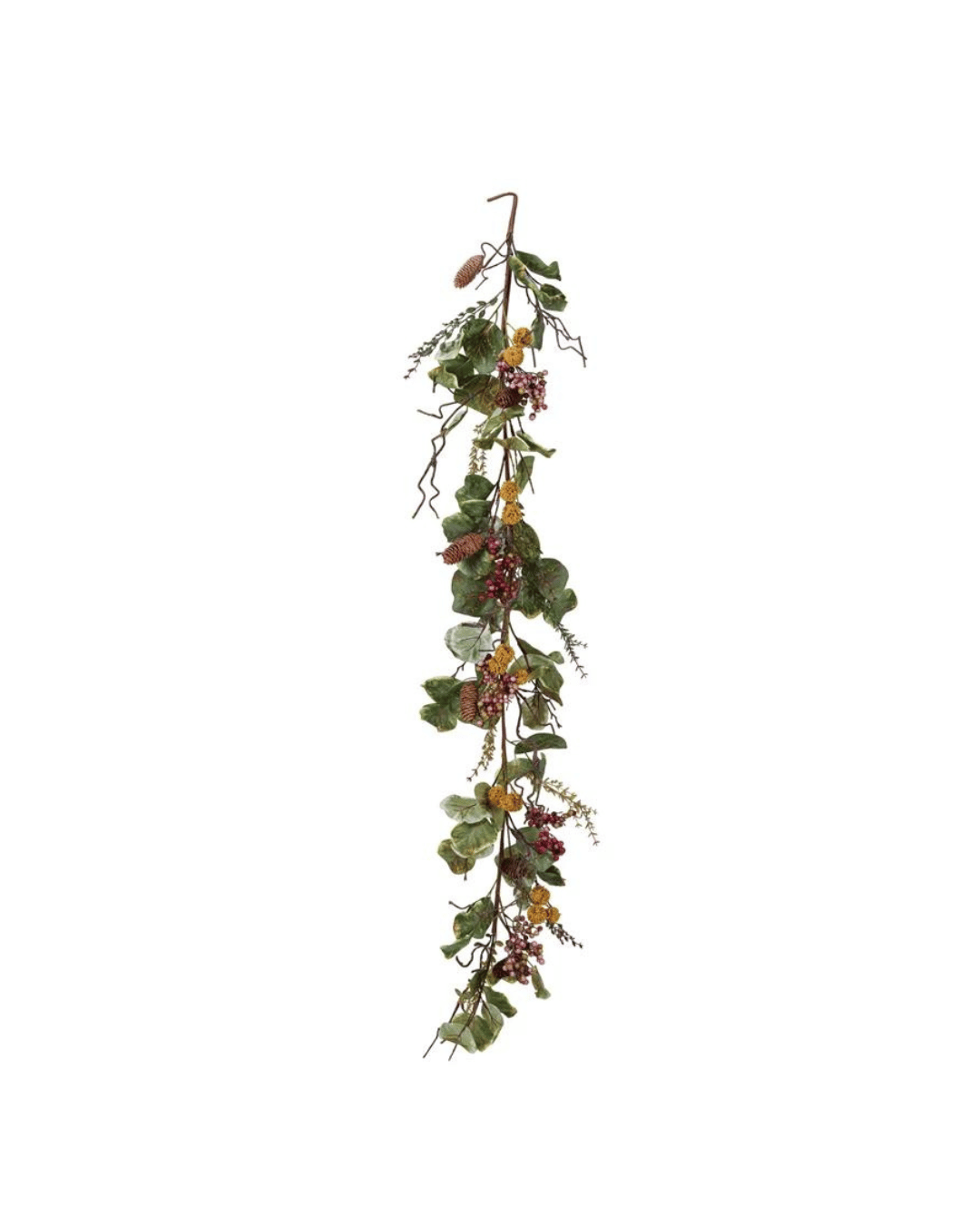 The Faux Zanzibar Leaf Garland by Creative Co-op is a decorative piece that showcases a mix of green leaves, red berries, and small pinecones. Designed to hang vertically, it brings a natural, rustic appearance along with seasonal charm.