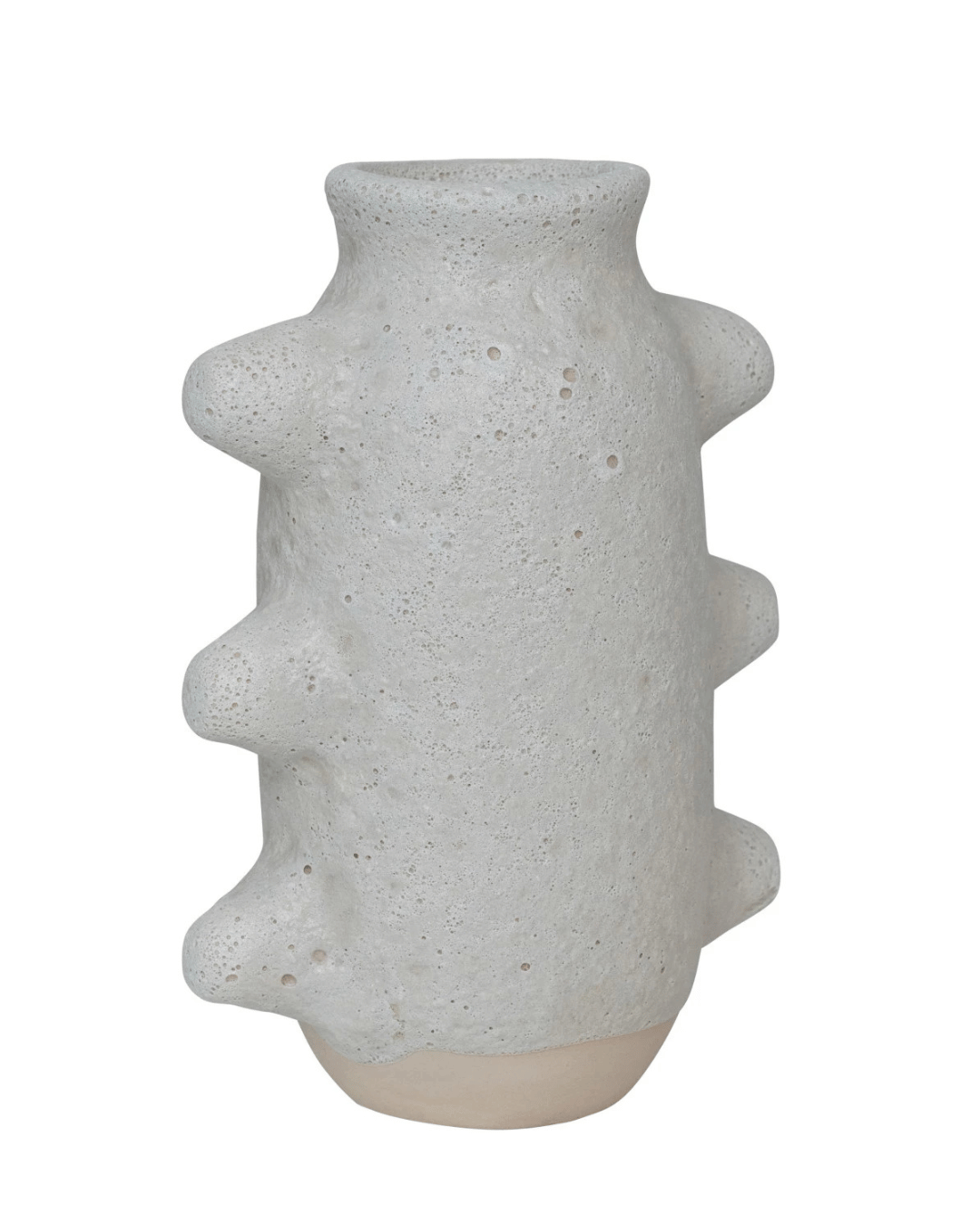 The Caterpillar Vase by Creative Co-op is a textured stoneware piece in light gray, featuring a cylindrical design with rounded protrusions. It has a speckled look, unglazed rough surface, and an abstract silhouette that adds modern artistic flair.