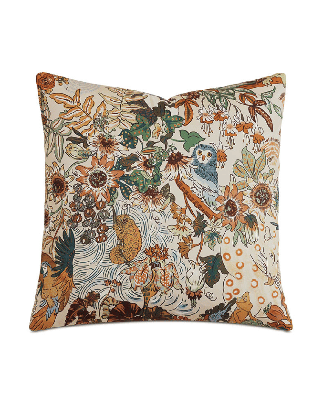 Introducing the JEFFREY JUNGLE 22X22 decorative pillow from Eastern Accents, showcasing a jungle animal pattern with whimsical owls, fish, and flowers in a rich blend of brown, orange, green, and cream hues. This elegantly designed pillow draws inspiration from nature and features an invisible zipper closure. Additionally, it's machine-washable for convenient maintenance.