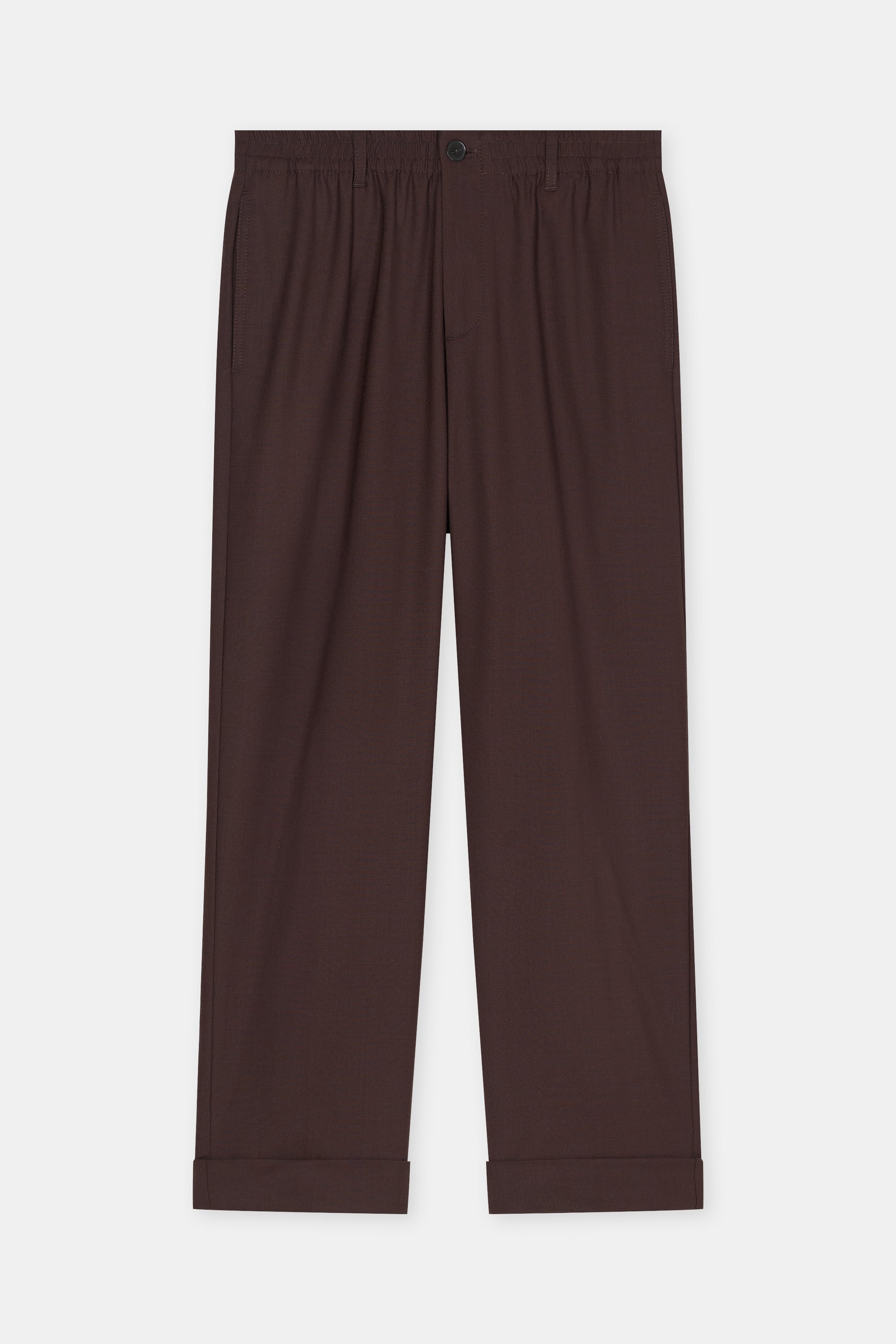 Dark brown wool straight-leg trousers with elastic waist and cuffs, mid-rise, by CLOSED, laid flat on white background.