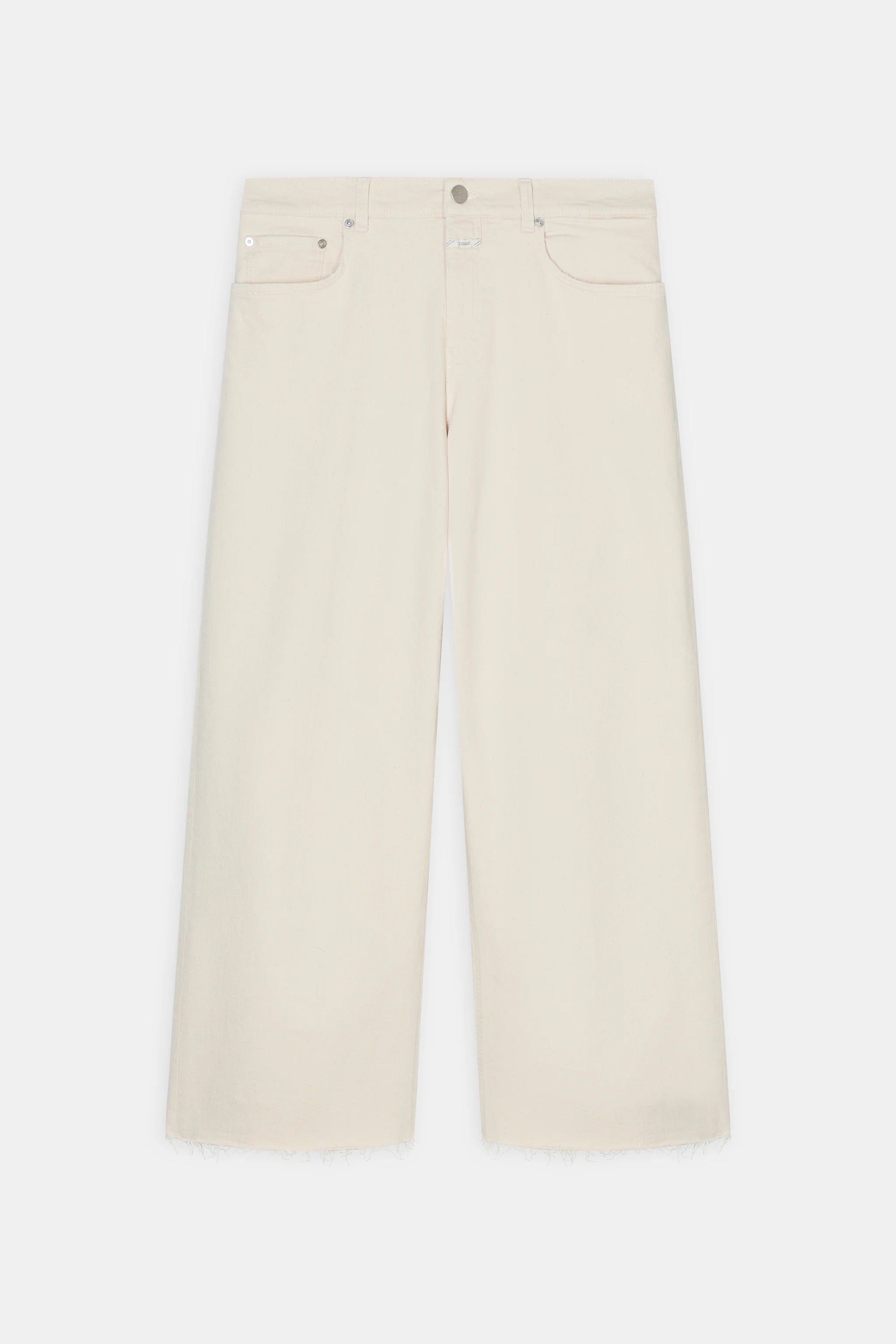The Jayla Denim jeans by CLOSED feature a wide-leg, high-waisted ecru design with frayed hems, five pockets, and a button fly, shown laid flat on a white background.