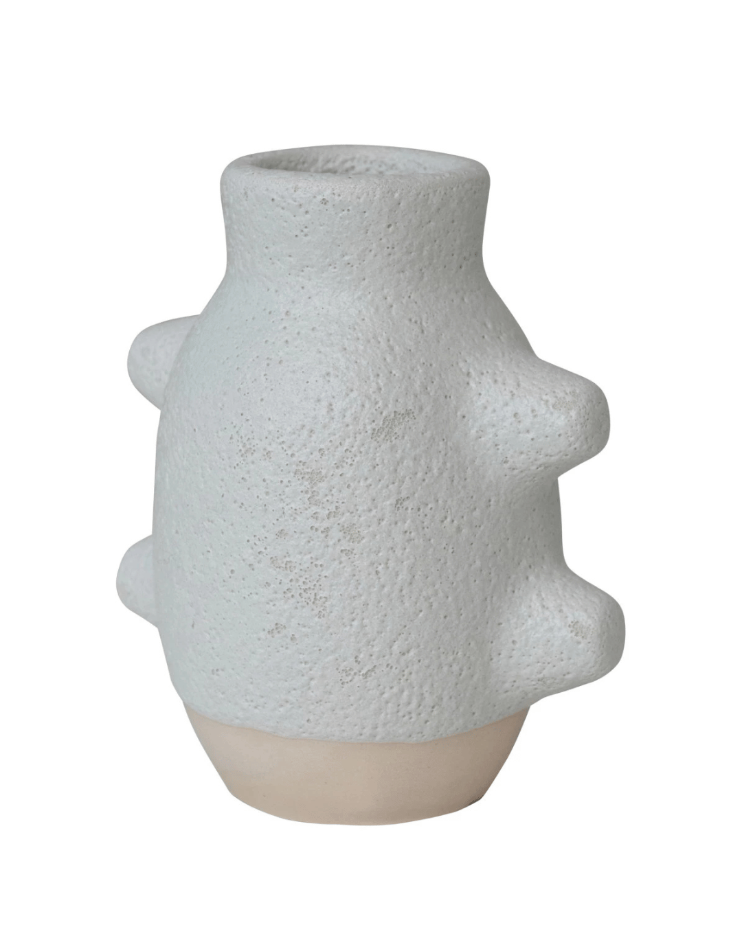 The Ceramic Caterpillar Vase by Creative Co-op is a textured white stoneware piece with a bulbous shape, featuring four rounded nubs. It has an abstract silhouette, narrow neck, matte finish, and sits on a lighter base. This design merges minimalism with modern aesthetics.