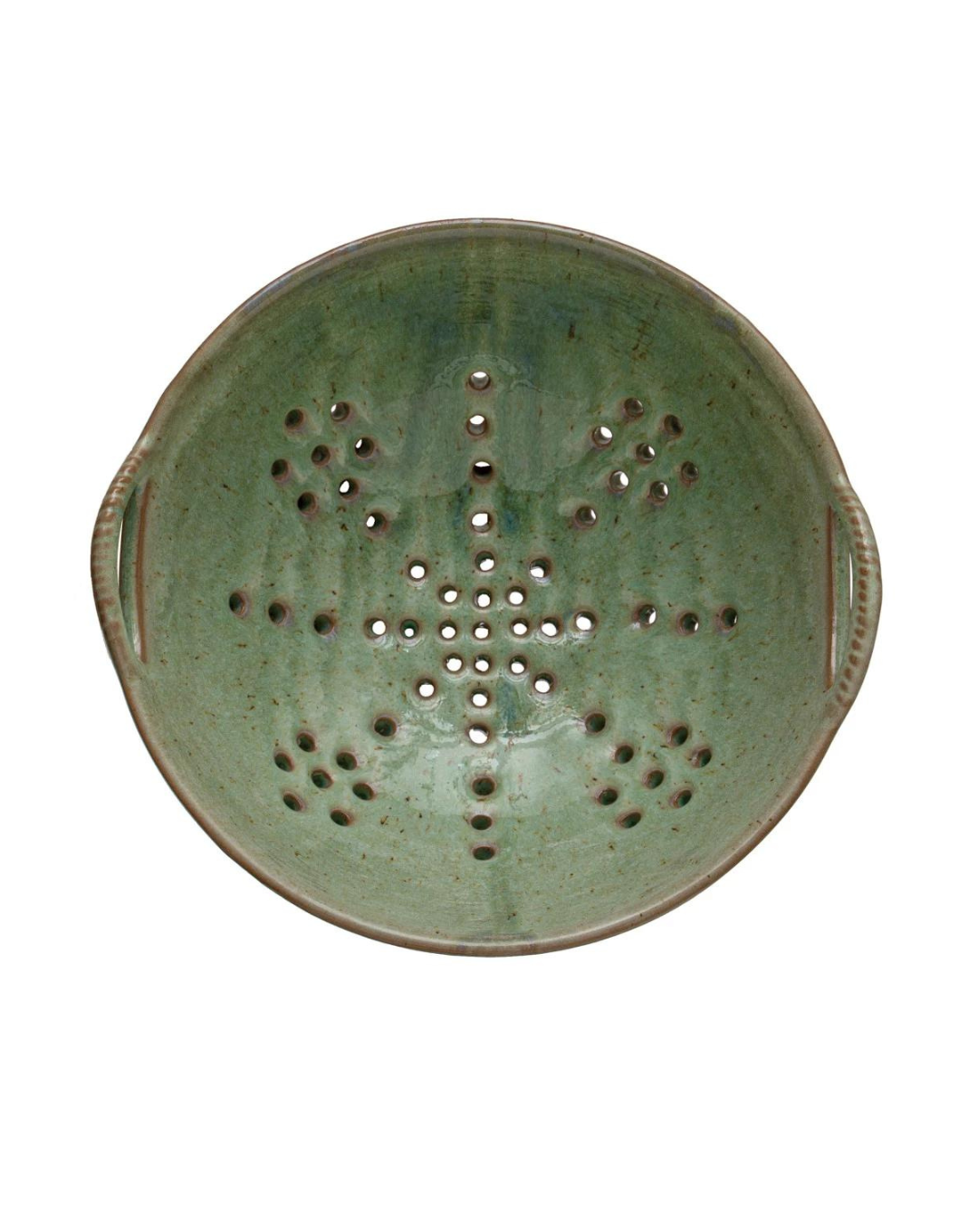 A round, aqua Creative Co-op Berry Bowl made of stoneware, viewed from above. The reactive glaze colander has a pattern of holes arranged in a star shape in the center, with additional holes around the perimeter. It features two small, grooved handles on opposite sides for gripping.