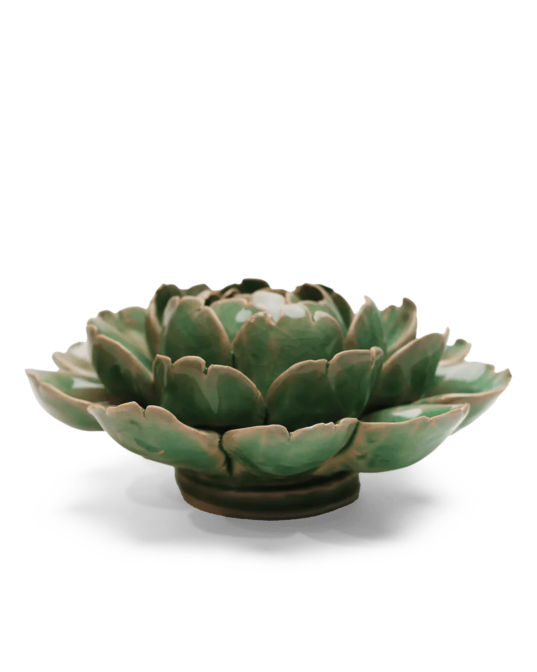 The Mofo Flower Mint by Chive Ceramics (thru Faire) is a ceramic bowl shaped like a green lotus with layered petals, ideal as flower or plant wall decor, shown on a plain white background.