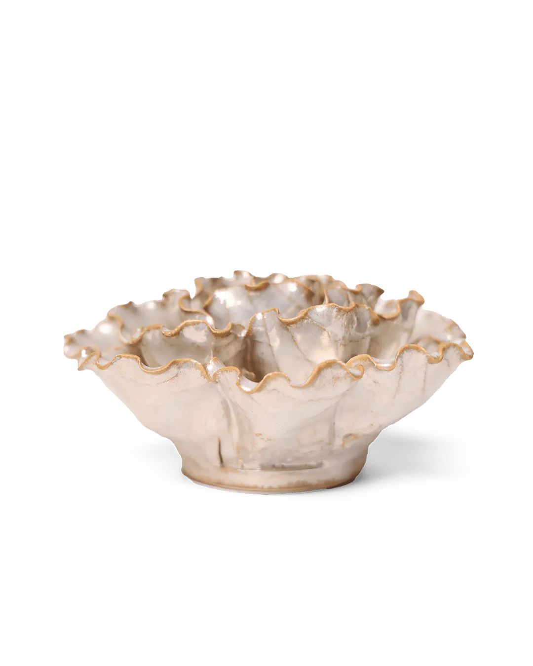 The Chive Ceramics (thru Faire) Sea Lettuce Large Pearl Flower is a cream ceramic bowl with a glossy, ruffled finish, resembling a flower—ideal for unique decor or pairing with ceramic flower wall hangings. Shown on a plain white background.