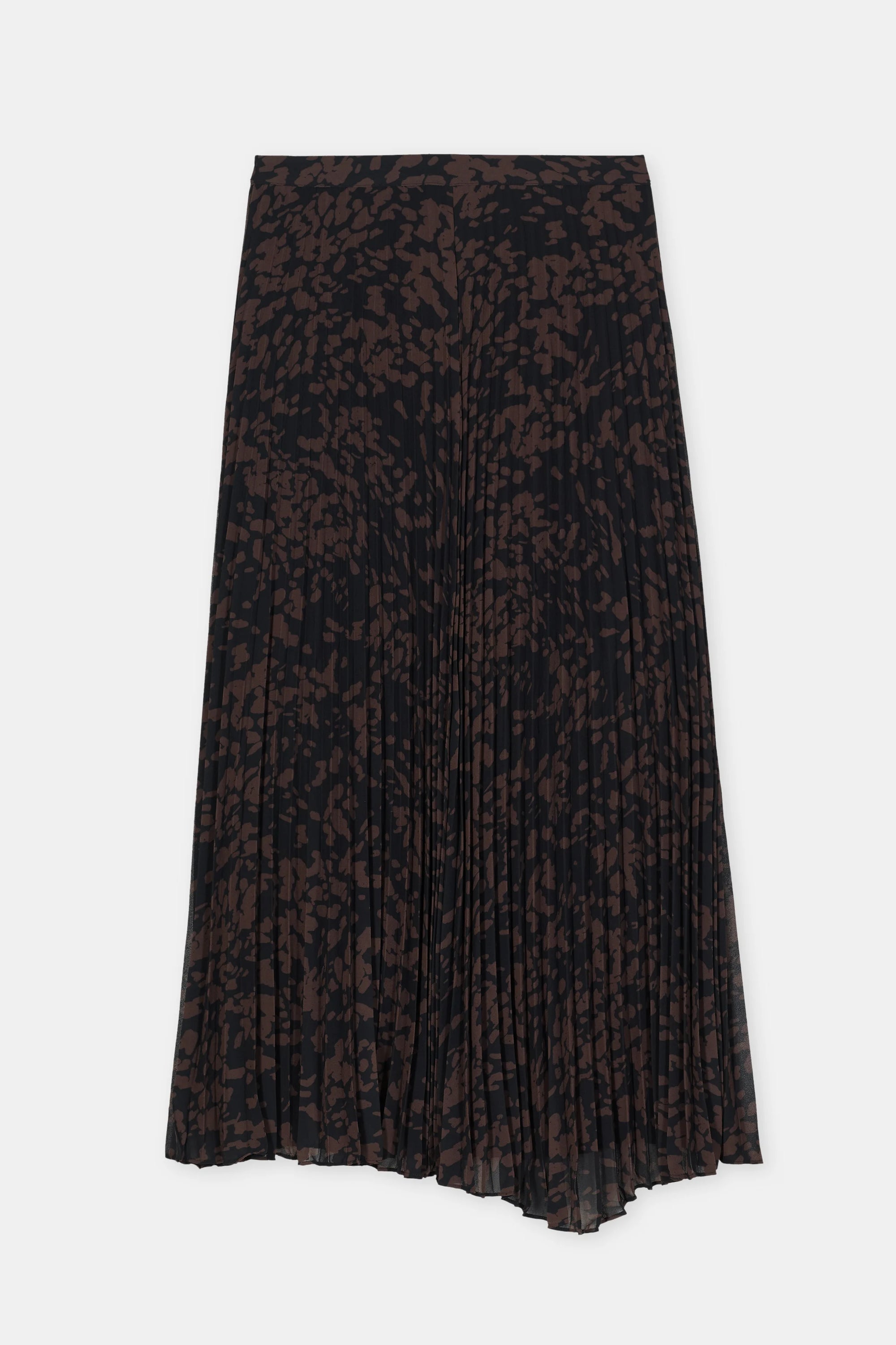 Black pleated skirt with sunray folds, asymmetrical hem, and brown abstract print by CLOSED.