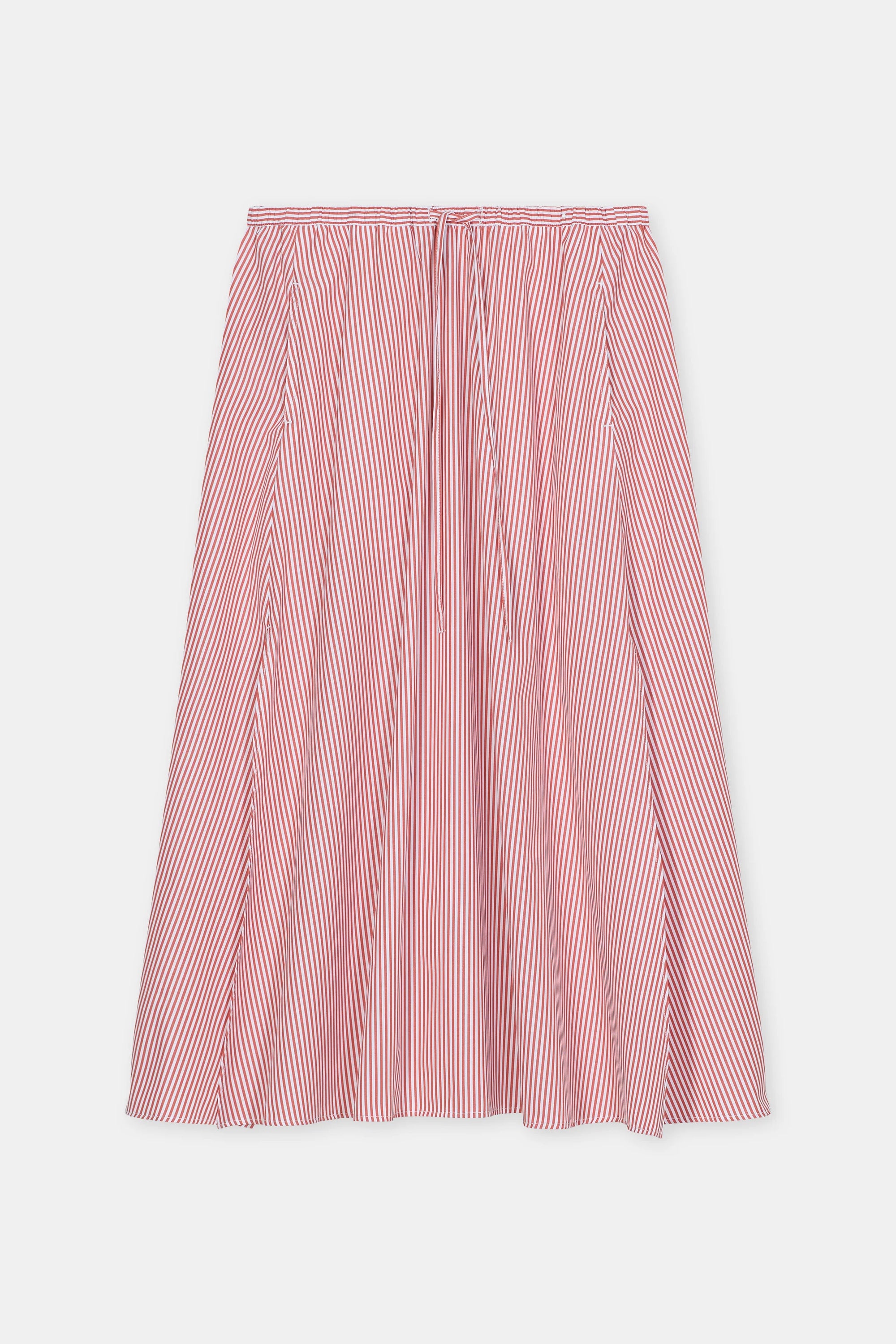 The CLOSED Gathered Skirt is a red and white vertically striped, pleated cotton skirt with an elastic waistband, shown against a plain white background.