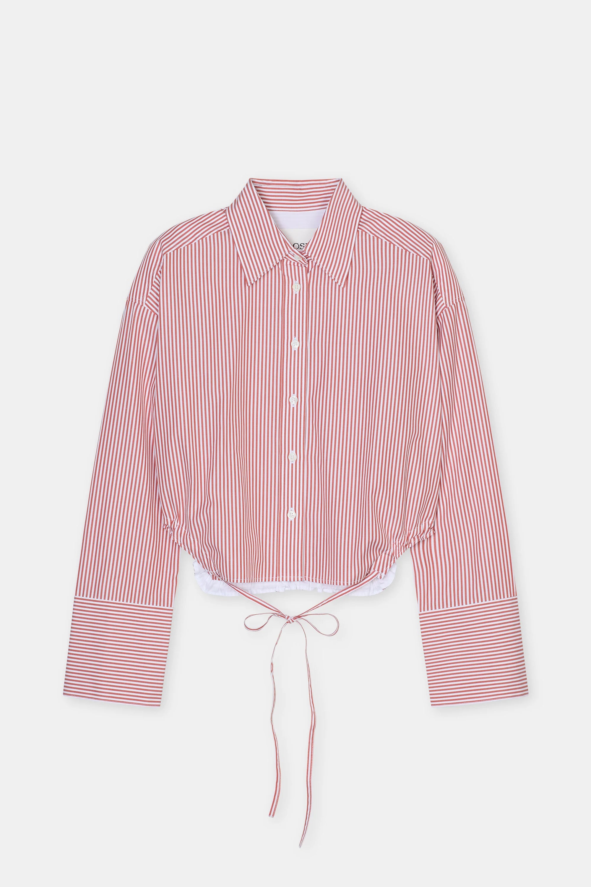 The CLOSED Gathered Shirt is a red and white vertically striped women's blouse with a collar, long sleeves, and a cropped drawstring hem for a relaxed fit.