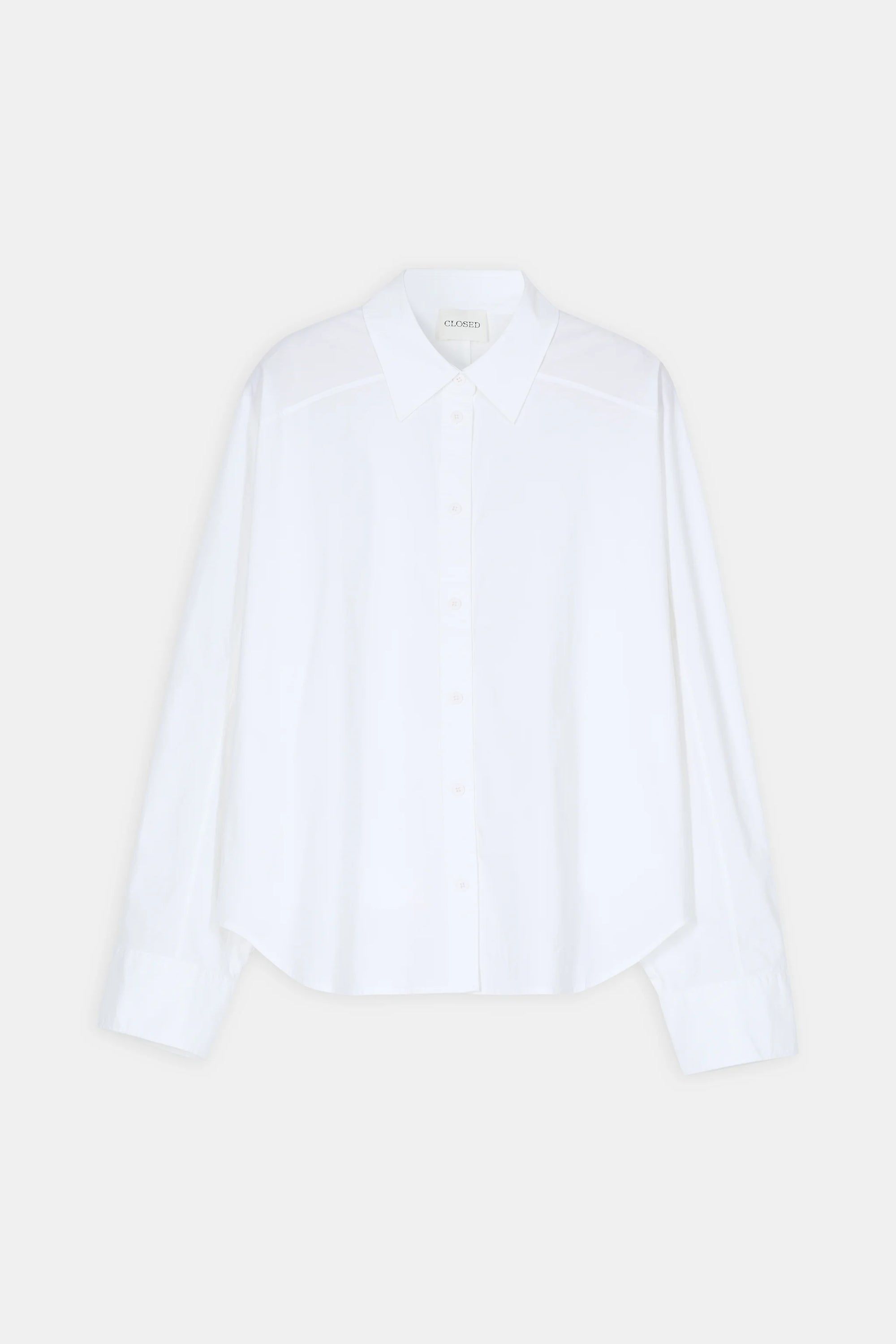 White cotton long-sleeve shirt with subtle embroidery, pointed collar by CLOSED. Perfect for a modern, minimalist look.