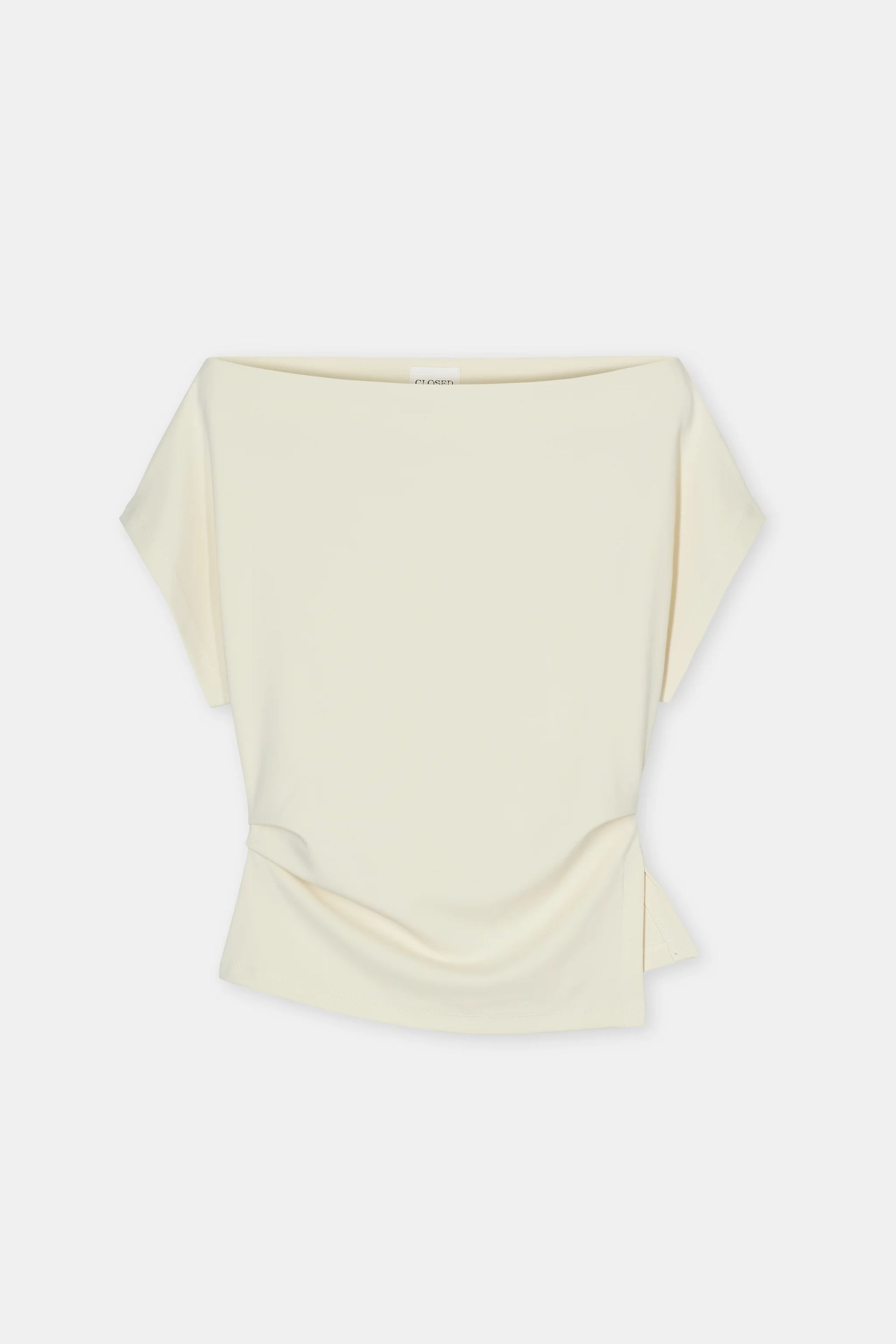 The CLOSED Off Shoulder Top for women features an ivory cotton-elastane blend, wide neckline, short sleeves, and a draped waist, shown against a plain white background.