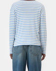 A person is seen from the back, wearing the CLOSED Basic Long Sleeve Tee in light blue and white stripes with blue jeans, standing against a plain white background.