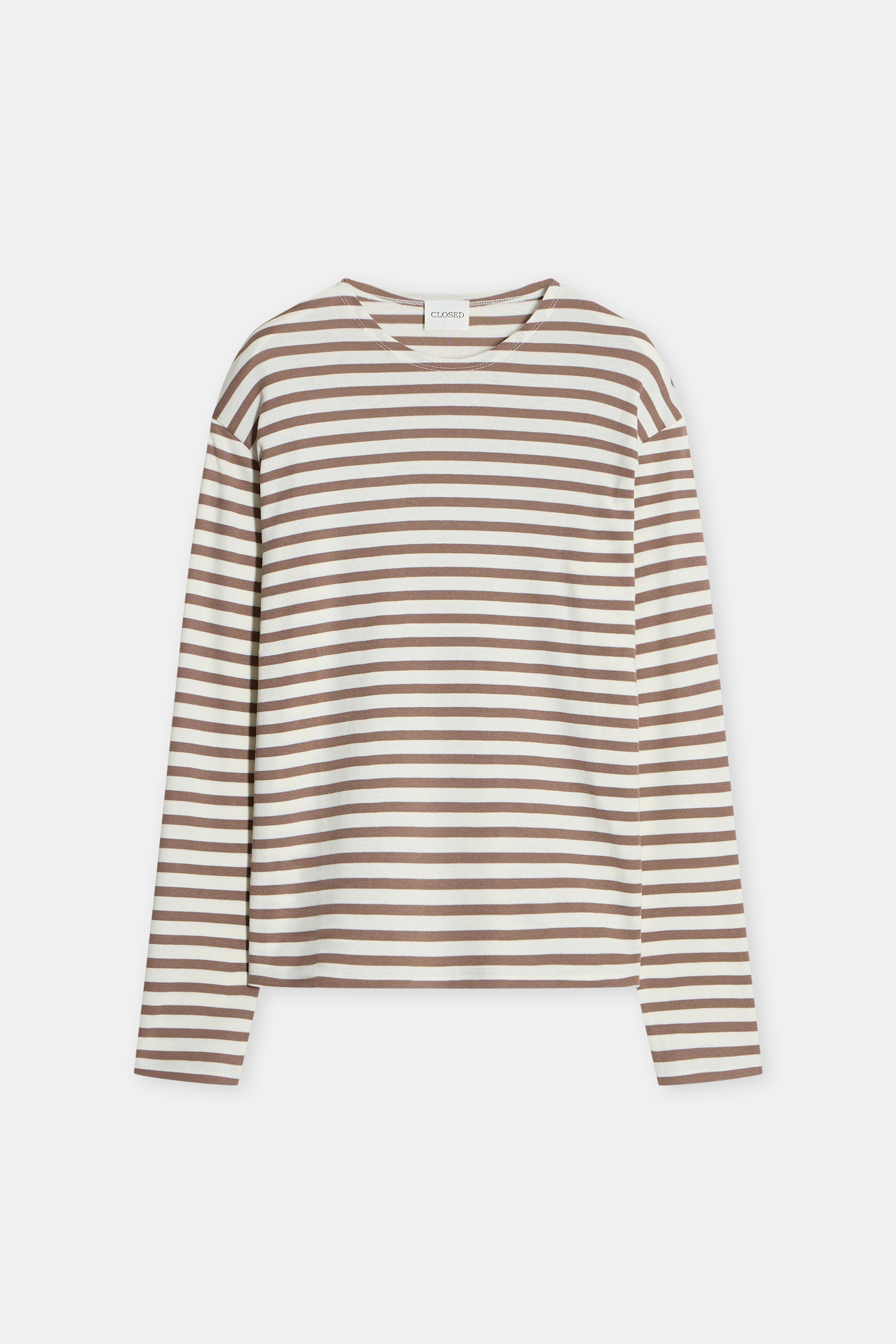 Hazel beige long sleeve tee, CLOSED brand, cotton blend, laid flat on white background.