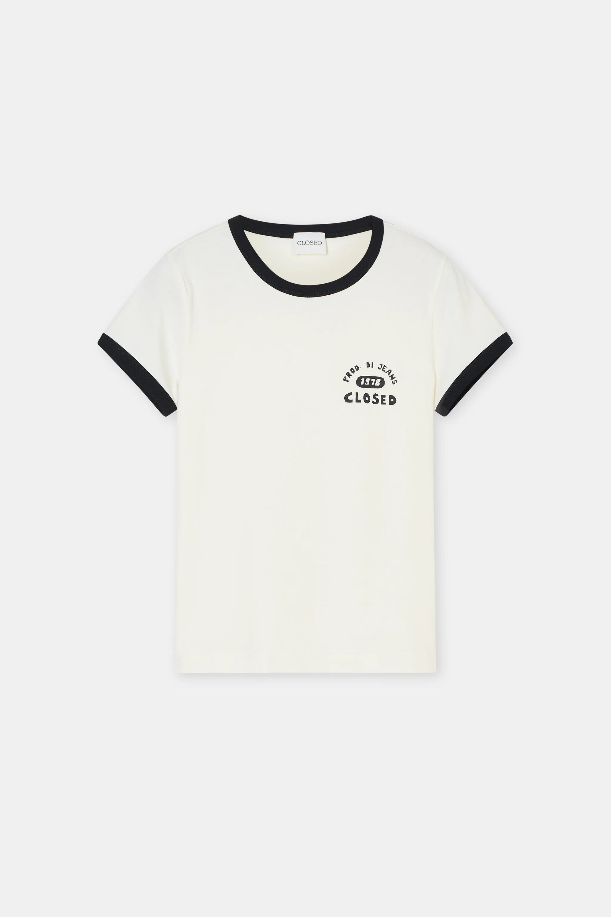 The CLOSED Slim T-Shirt is a white organic cotton short-sleeve top with black collar and sleeve trim, featuring "Stay in Bed" and "CLOSED" text on the upper left chest. Shown laid flat on a plain white background.
