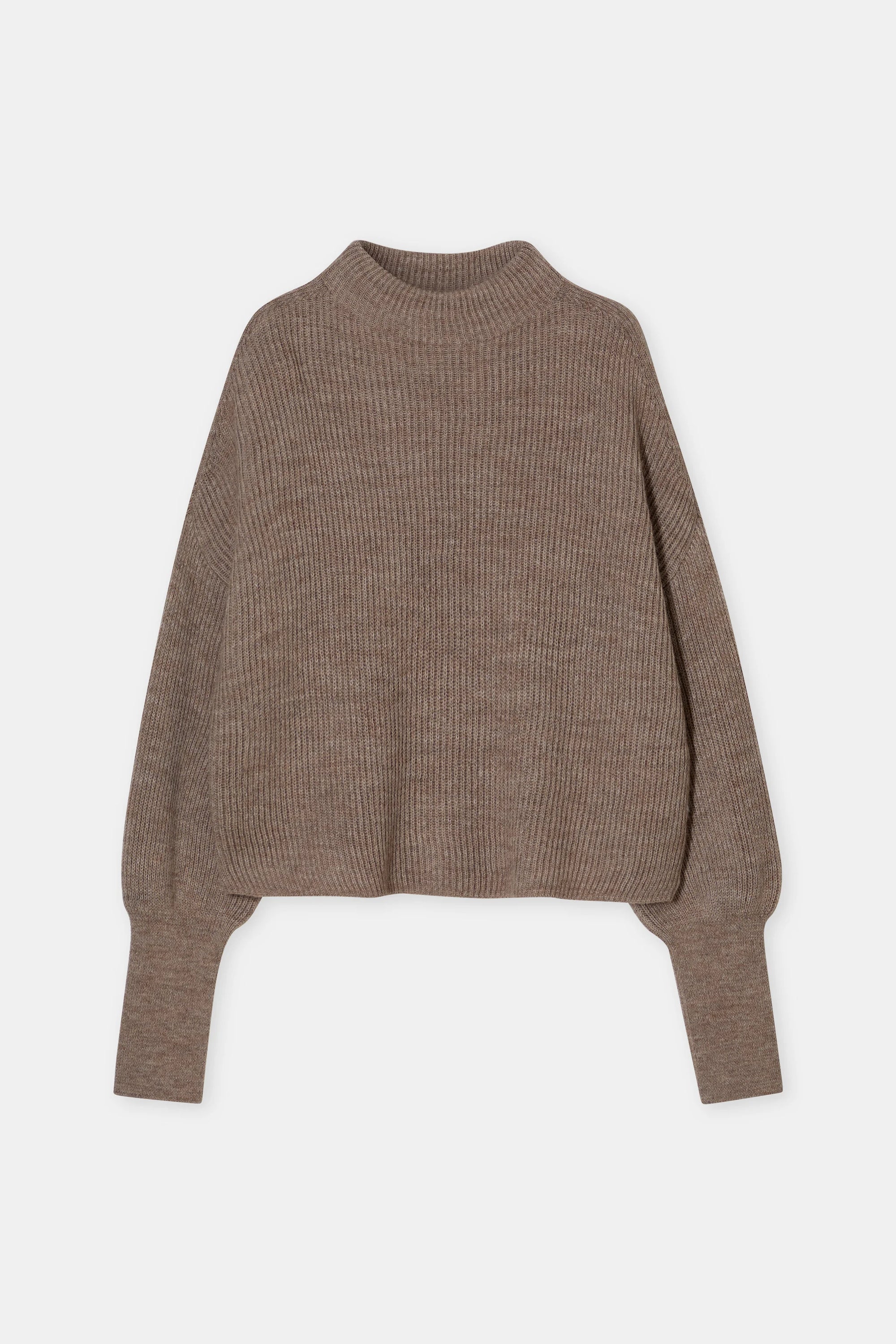 Brown ribbed knit alpaca-merino blend funnel neck sweater by CLOSED, laid flat on white background.