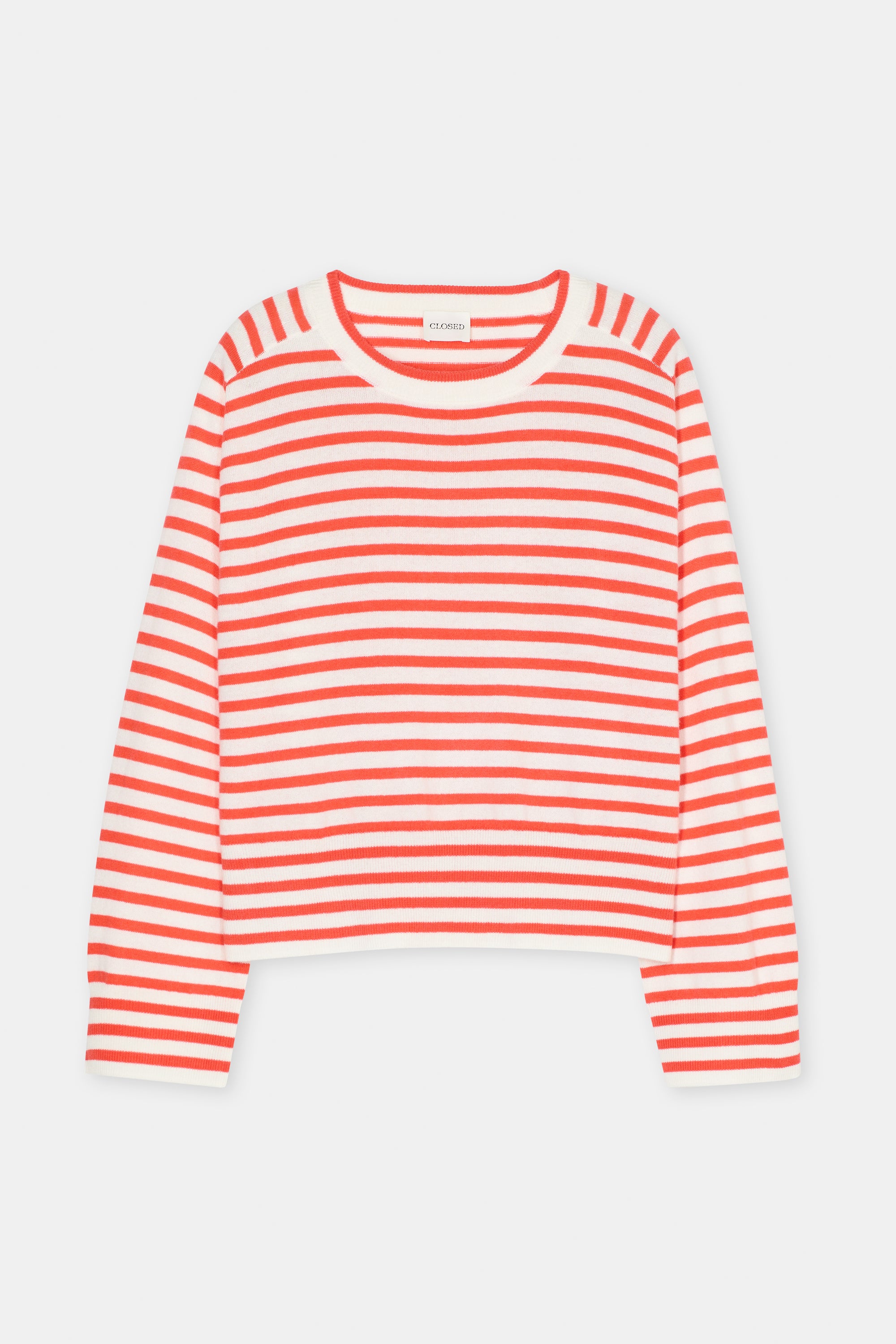 The CLOSED Striped Crew Neck is a white, long-sleeve fine-knit sweater with horizontal bright red stripes and a crew neckline, shown laid flat on a white background.