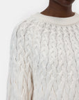 Close-up of a person wearing the CLOSED Crew Neck Cable Knit sweater in off-white, showing their lower face, neck, and upper torso against a plain white background. Ribbed neckline and chunky cable knit details are visible.