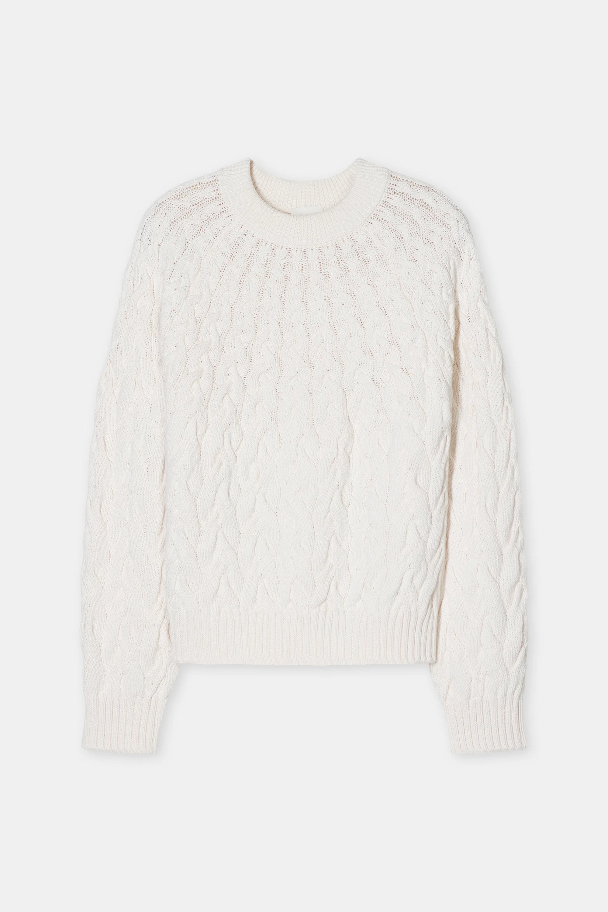 The CLOSED Crew Neck Cable Knit is a white, long-sleeved sweater made from organic cotton with ribbed cuffs and hem, shown on a plain white background.
