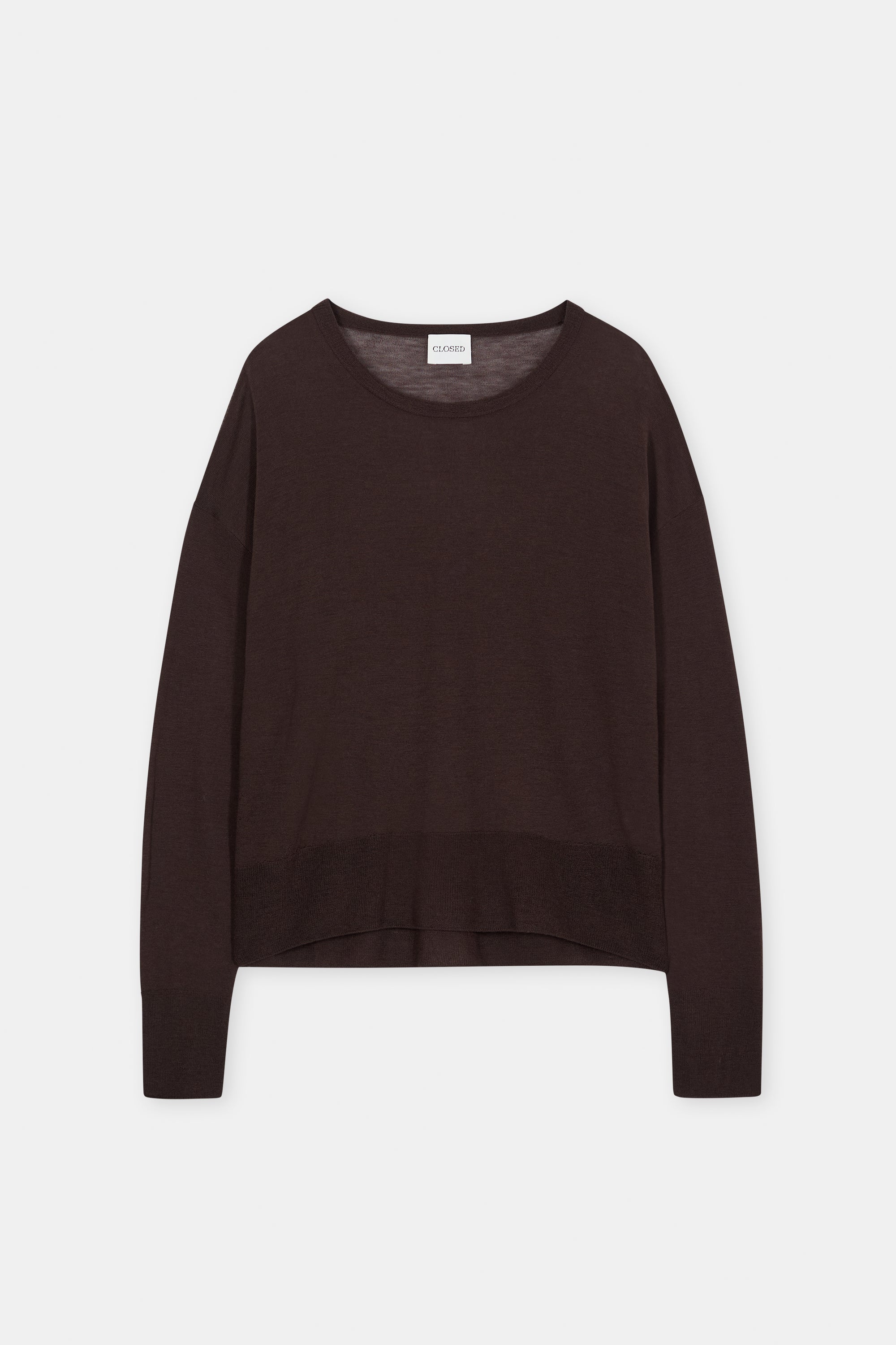 Dark brown relaxed fit wool sweater with long sleeves by CLOSED, shown laid flat.
