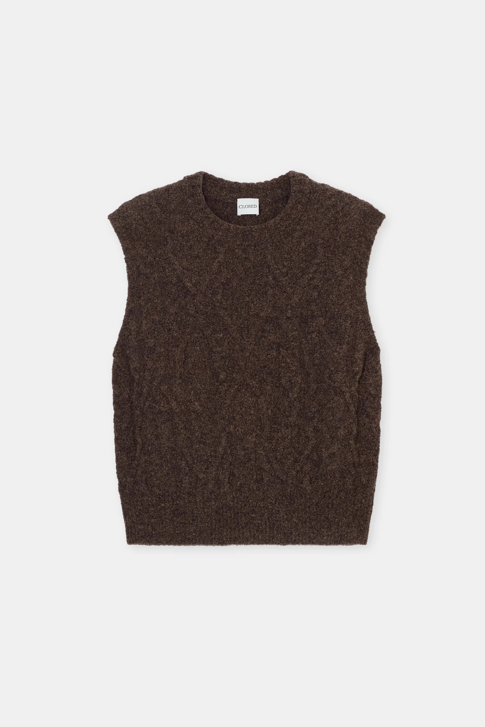 Dark brown sleeveless cable knit vest with crew neck, CLOSED brand, laid flat on a white backdrop.