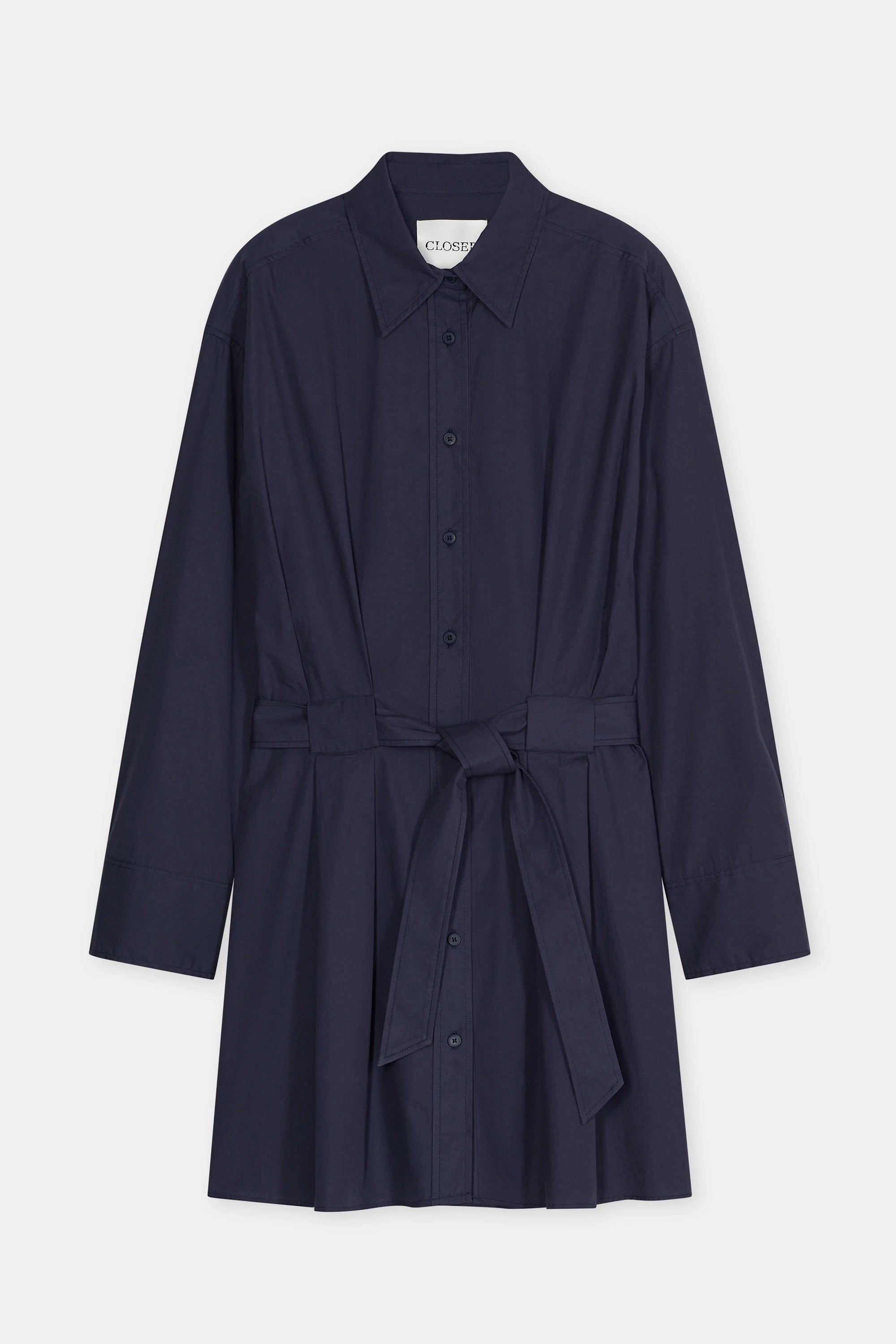Navy poplin mini shirt dress with collar, buttons, and waist tie by CLOSED.