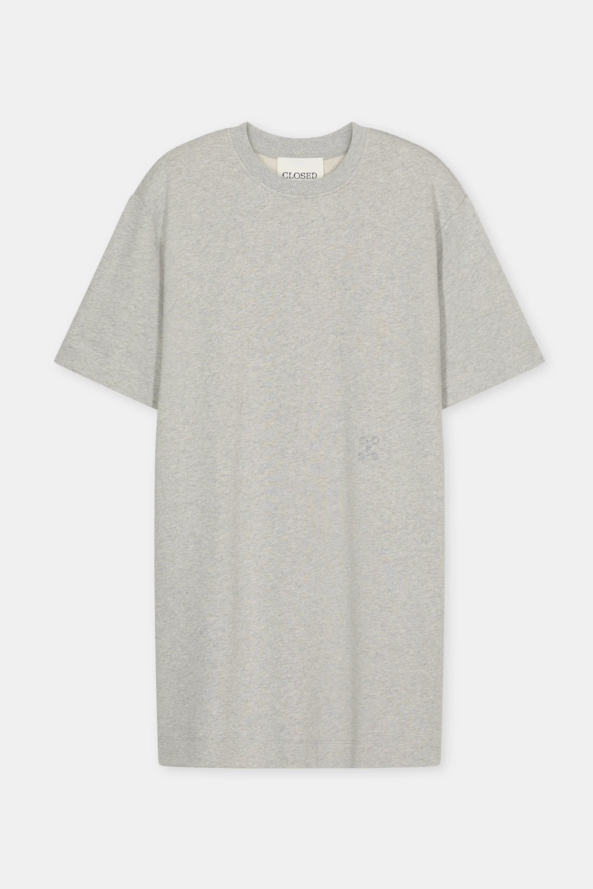 The Felpa Dress by CLOSED is a plain light gray short-sleeve dress with a round neckline, crafted in Portugal from 100% cotton. It features a simple, classic design without patterns or graphics and is shown on a white background.