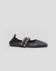 The CLOSED Ballerina is a black leather flat with two top straps, each featuring large metallic silver beads. Expertly made in Italy, it offers timeless elegance. Shown against a white background.