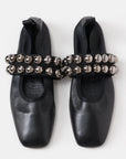 The CLOSED Ballerina is a pair of black, square-toe flats with two thick straps topped by shiny silver beads and a comfy leather insole. Made in Italy.