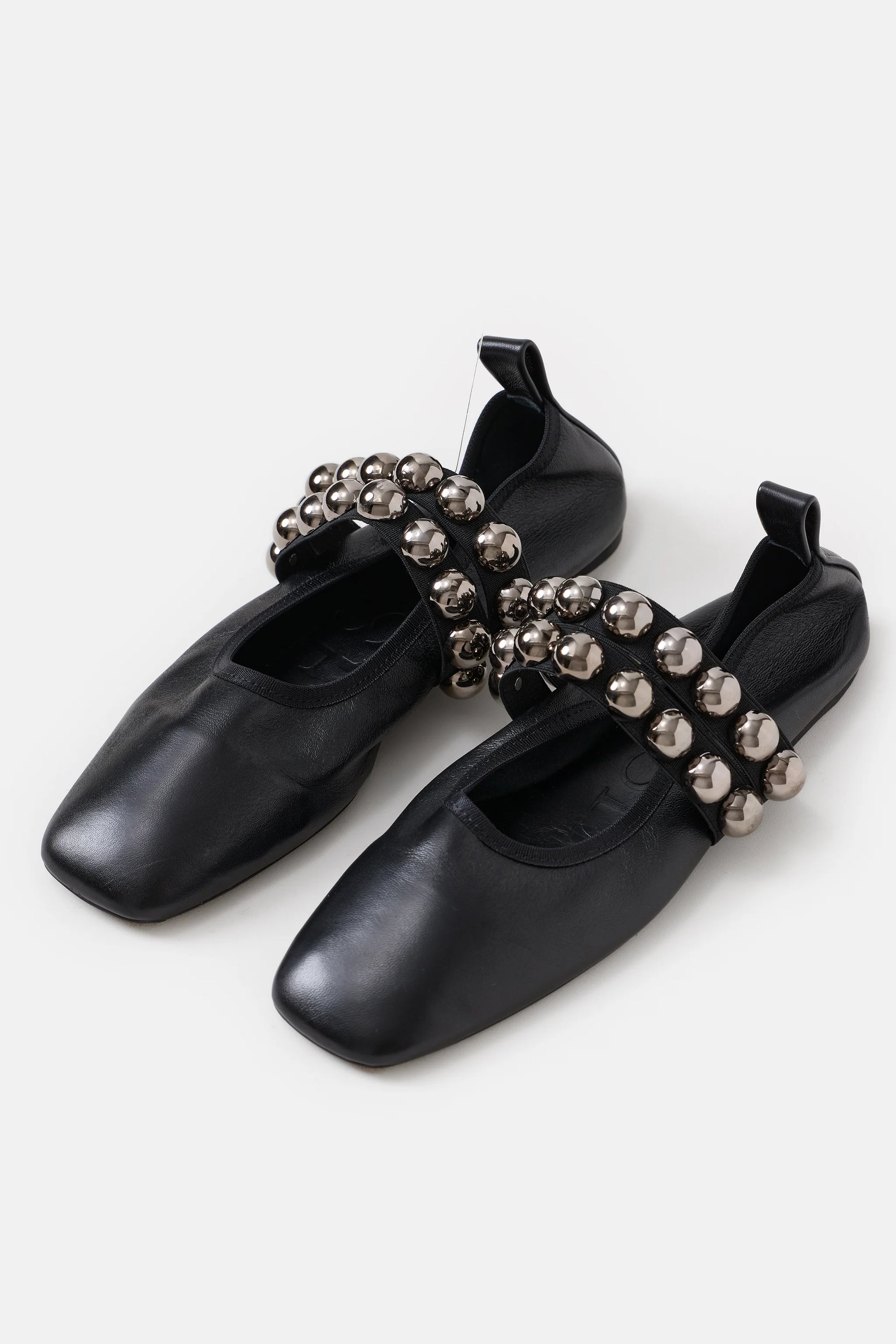 The CLOSED Ballerina flats in black leather feature square toes, double straps with large silver metallic beads, and a leather insole. Shown on a plain white background.