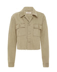 The Carly Jacket by AMO Denim is a khaki cropped utility jacket with a collar, button-down front, long sleeves, two chest flap pockets with buttons, and a raw hem. "AMO" label inside.